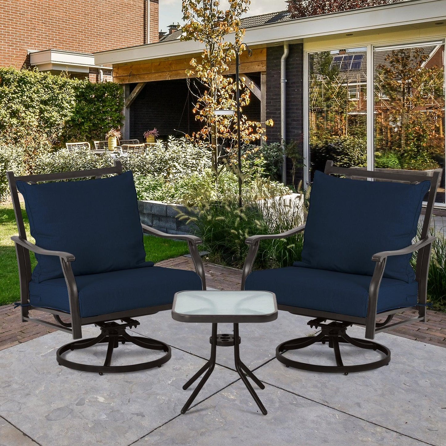 Outdoor Swivel Chair Set -  Two Chairs, One Glass Table, and Two Thick Cushions - Aoodor 