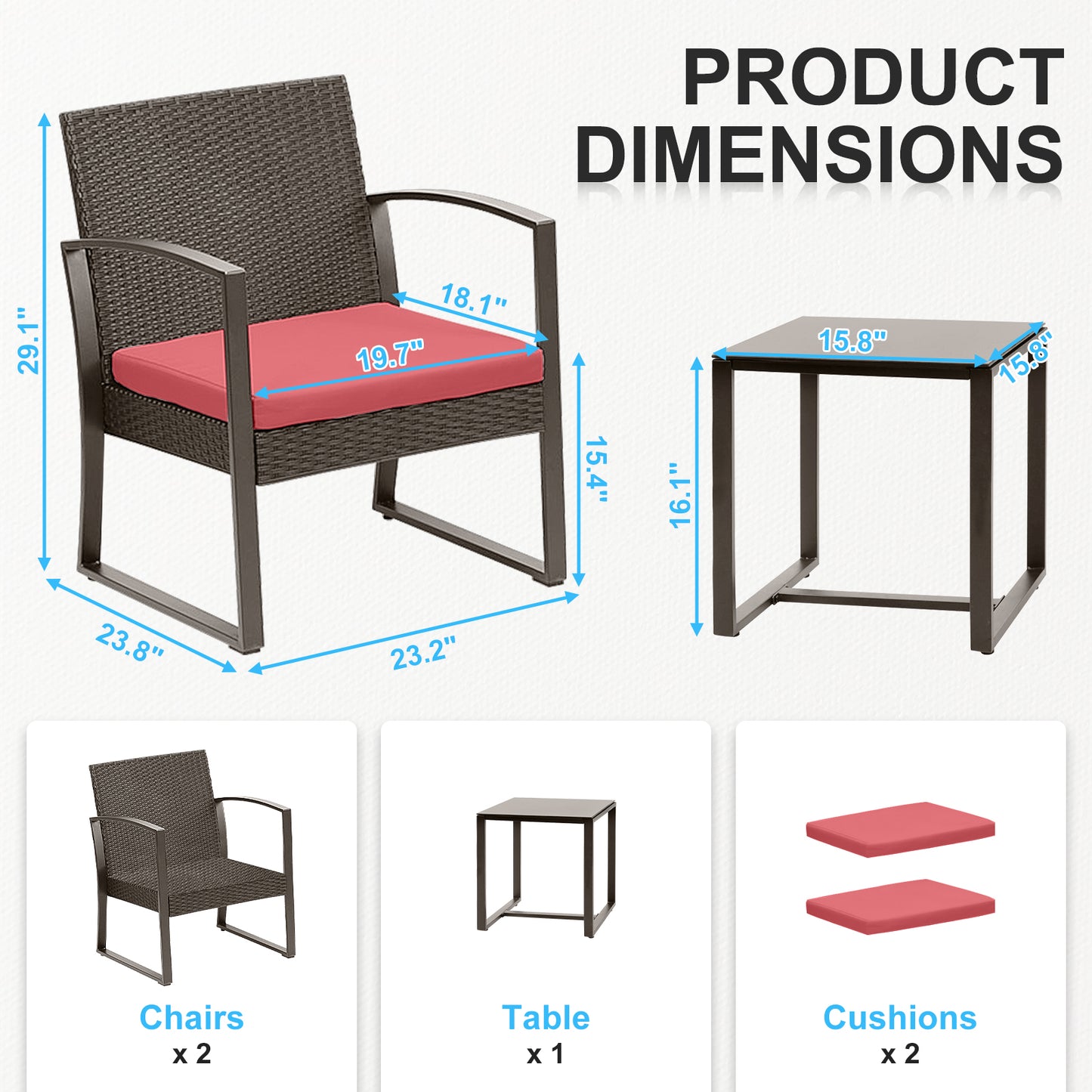 3-Piece Patio Furniture Set - Outdoor Rattan Wicker Chairs with Table, Sofa Set Including Cushions - Aoodor 