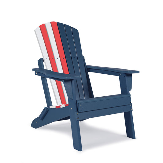 Blue Adirondack chair with red and white striped backrest on a white background