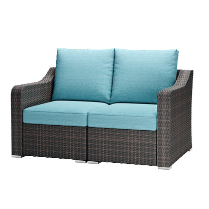 Aoodor Luxury Loveseat Patio Rattan Sofa with Turquoise Cushions Sets
