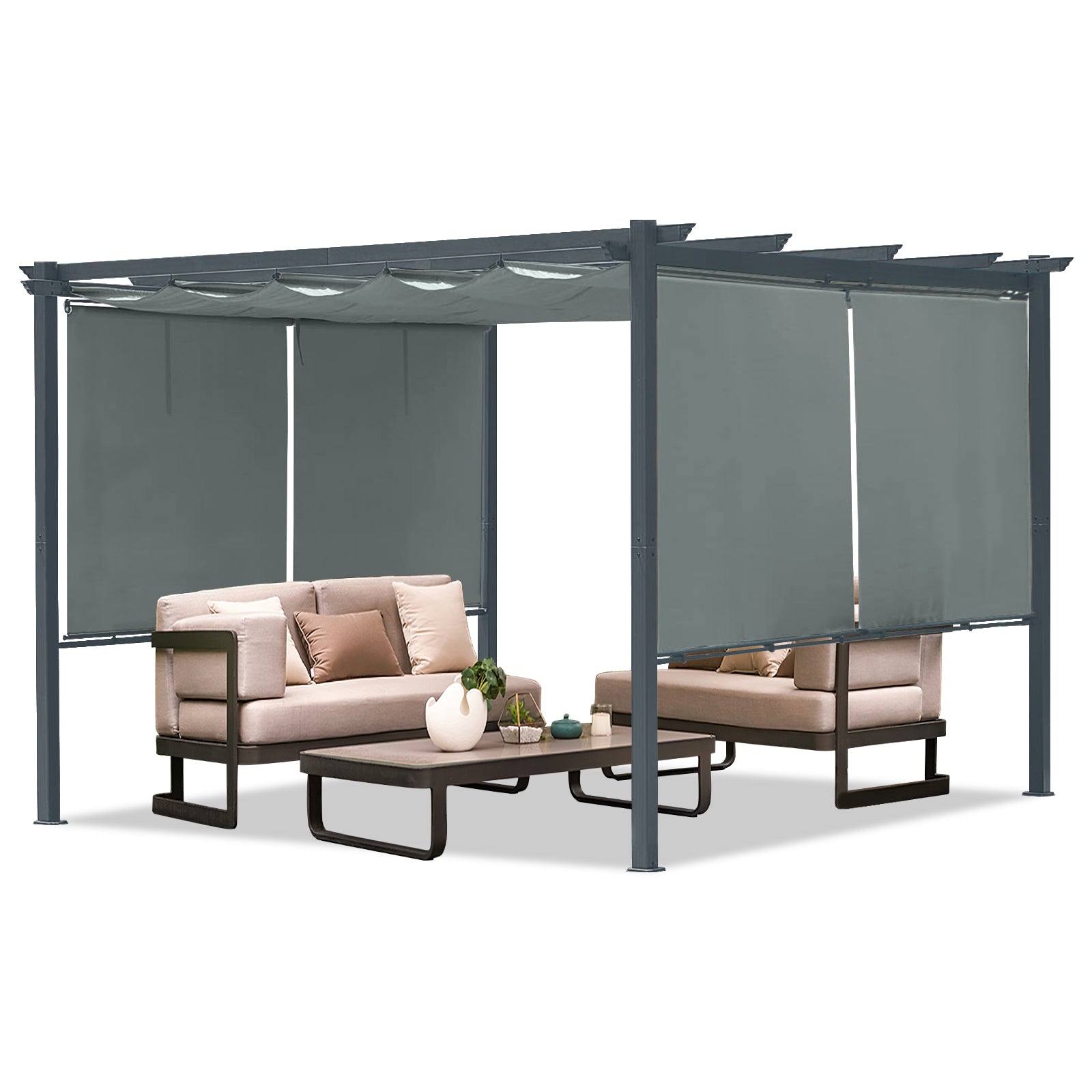 12x12 ft. Outdoor Pergola with Retractable Shade Canopy, Aluminum Frame, 4 Pieces Roller Shade Curtain - Aoodor 