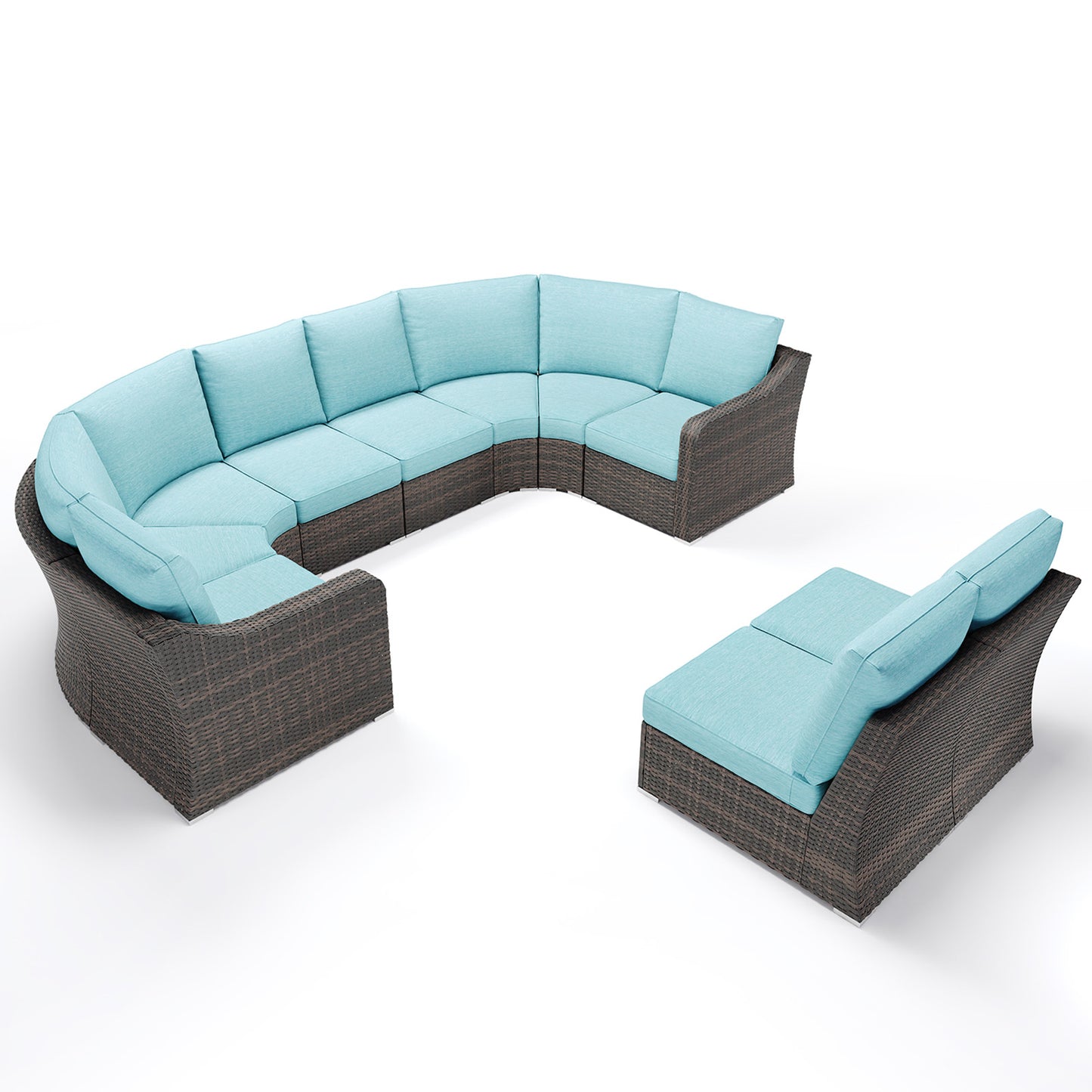 10 Piece Half Moon Wicker Outdoor Sectional Set with Turquoise Cushions - Backyard Retreat