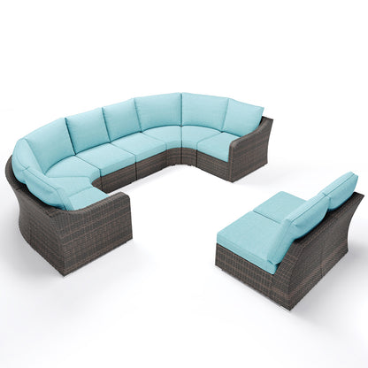 10 Piece Half Moon Wicker Outdoor Sectional Set with Turquoise Cushions - Backyard Retreat