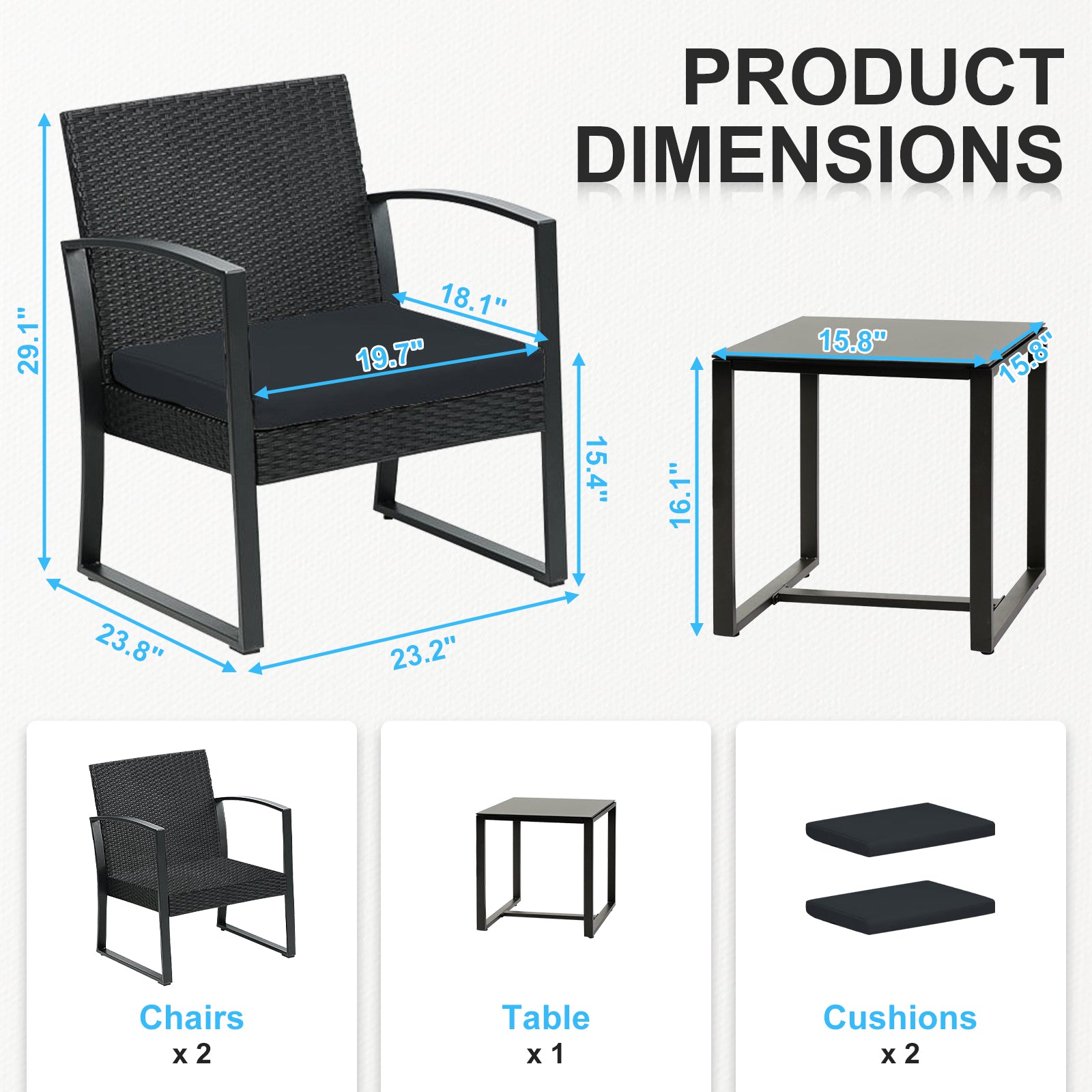 3-Piece Patio Furniture Set - Outdoor Rattan Wicker Chairs with Table, Sofa Set Including Cushions - Aoodor 