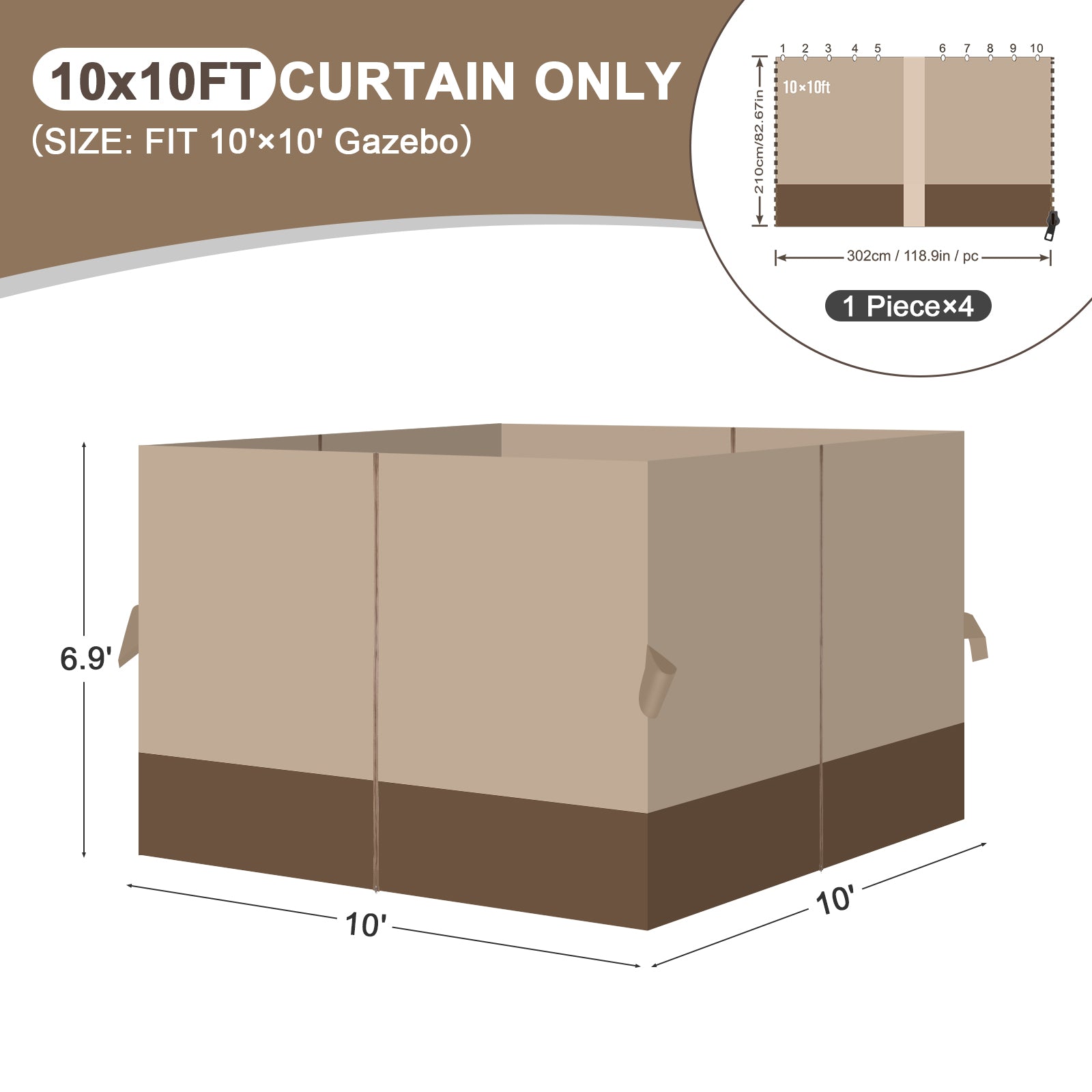 Outdoor Gazebo Curtains, 4 Panels Privacy Sidewall Replacement (Curtain Only) - Sand Yellow and Brown - Aoodor 