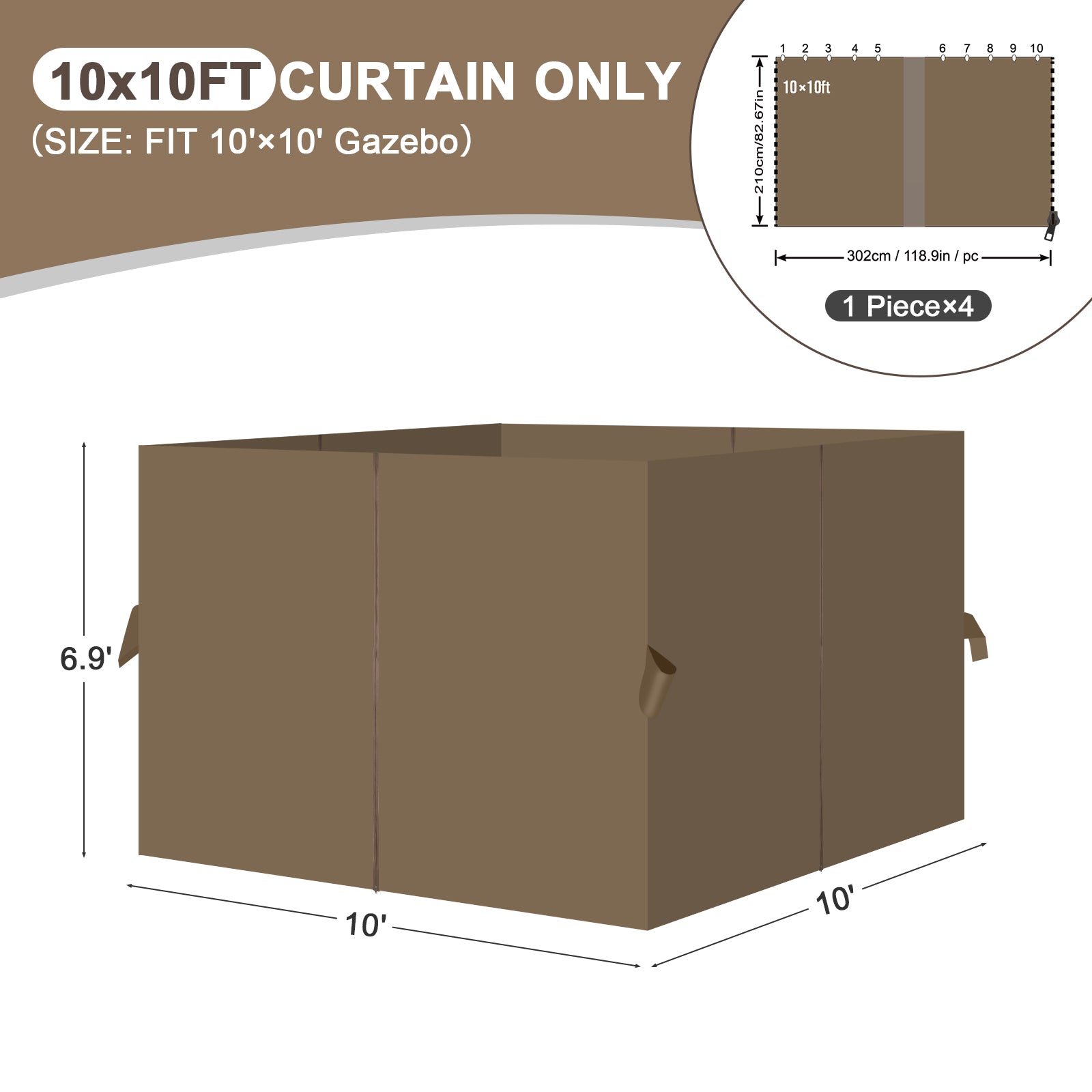 Outdoor Gazebo Curtains, 4 Panels Privacy Sidewall Replacement (Curtain Only) - Light Coffee - Aoodor 