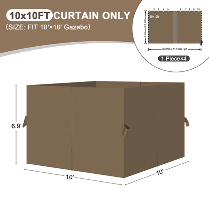 Outdoor Gazebo Curtains, 4 Panels Privacy Sidewall Replacement (Curtain Only) - Light Coffee - Aoodor 