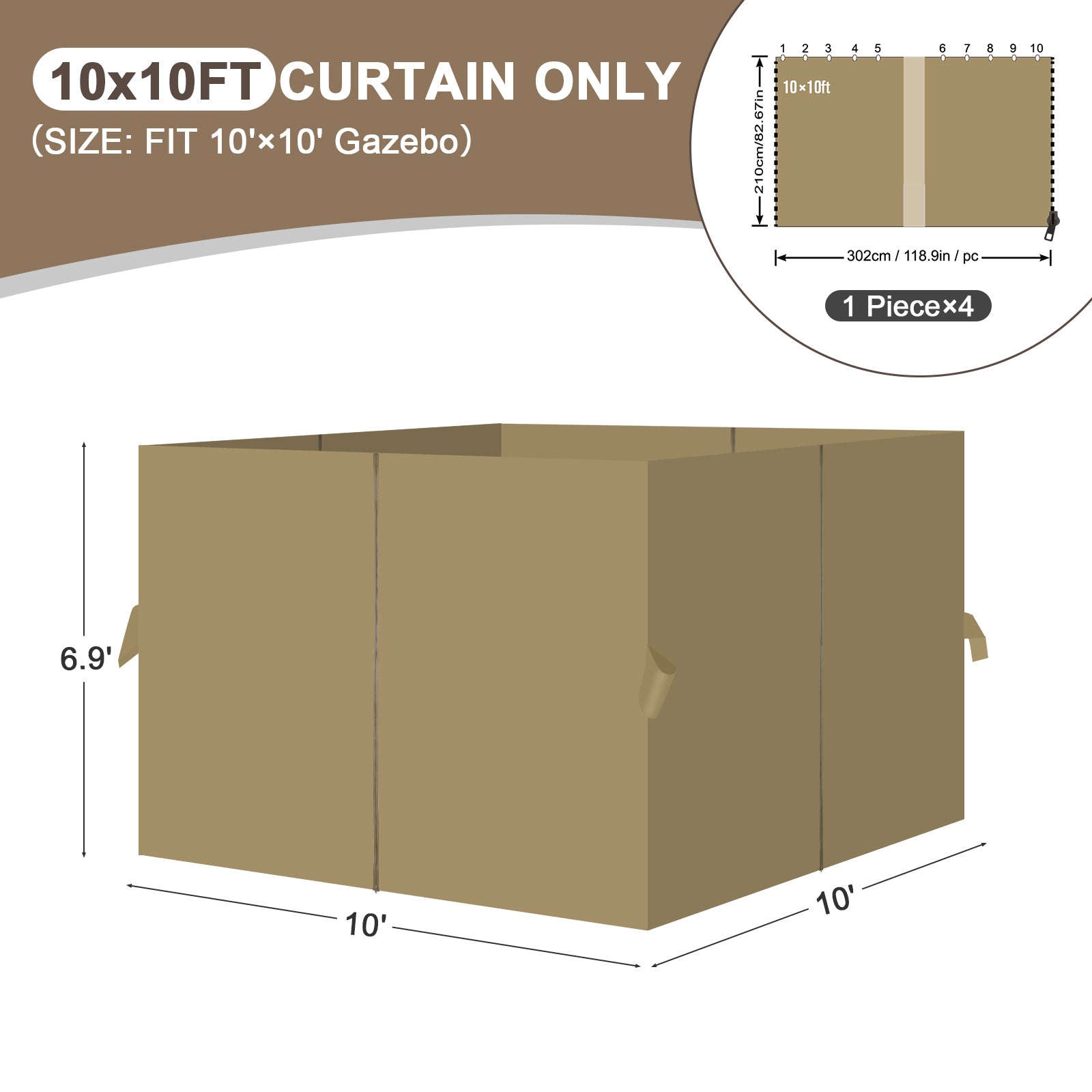 Outdoor Gazebo Curtains, 4 Panels Privacy Sidewall Replacement (Curtain Only) - Khaki - Aoodor 