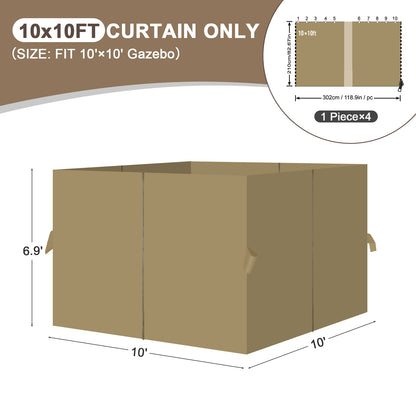 Outdoor Gazebo Curtains, 4 Panels Privacy Sidewall Replacement (Curtain Only) - Khaki - Aoodor 