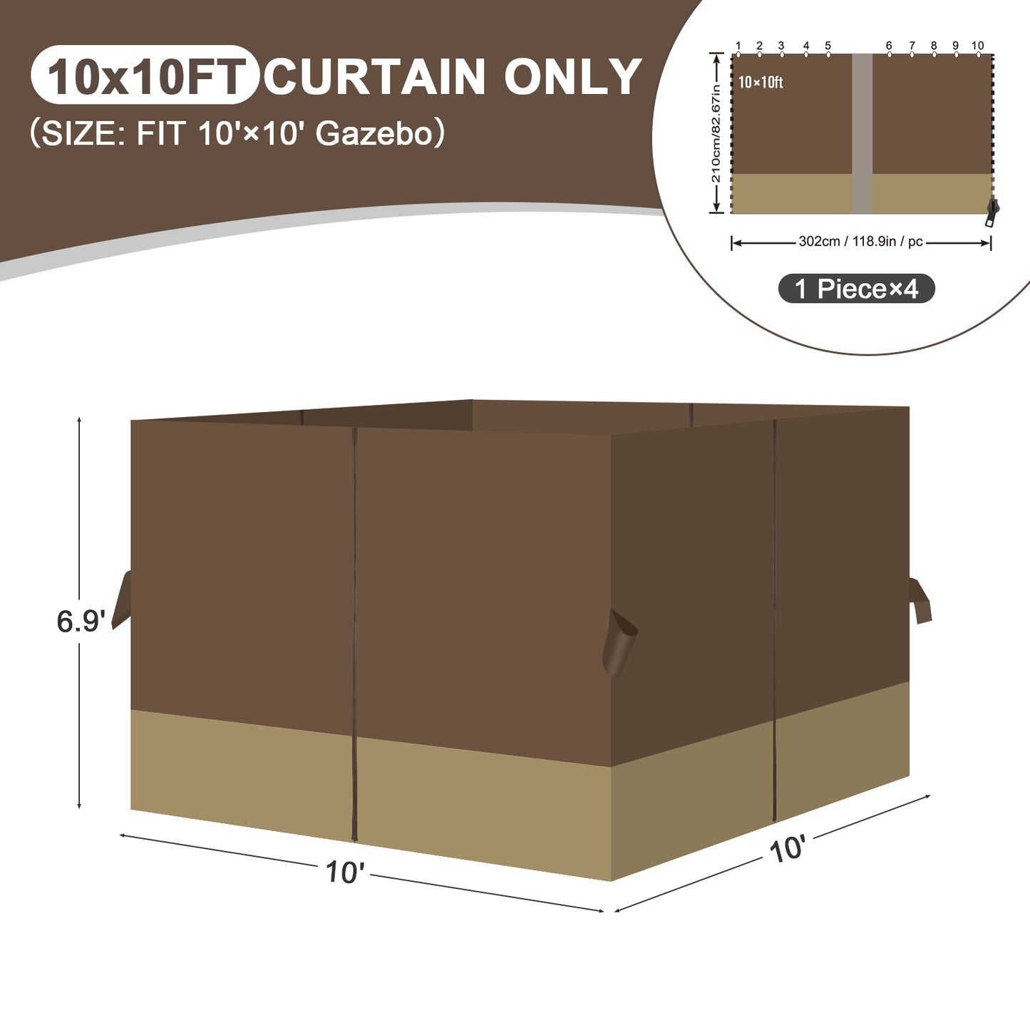 Outdoor Gazebo Curtains, 4 Panels Privacy Sidewall Replacement (Curtain Only) - Coffee and Khaki - Aoodor 