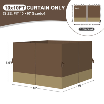 Outdoor Gazebo Curtains, 4 Panels Privacy Sidewall Replacement (Curtain Only) - Coffee and Khaki - Aoodor 