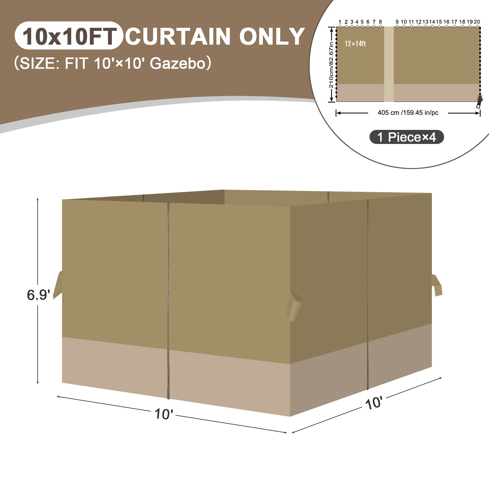Outdoor Gazebo Curtains, 4 Panels Privacy Sidewall Replacement (Curtain Only) - Khaki and Sand Yellow - Aoodor 