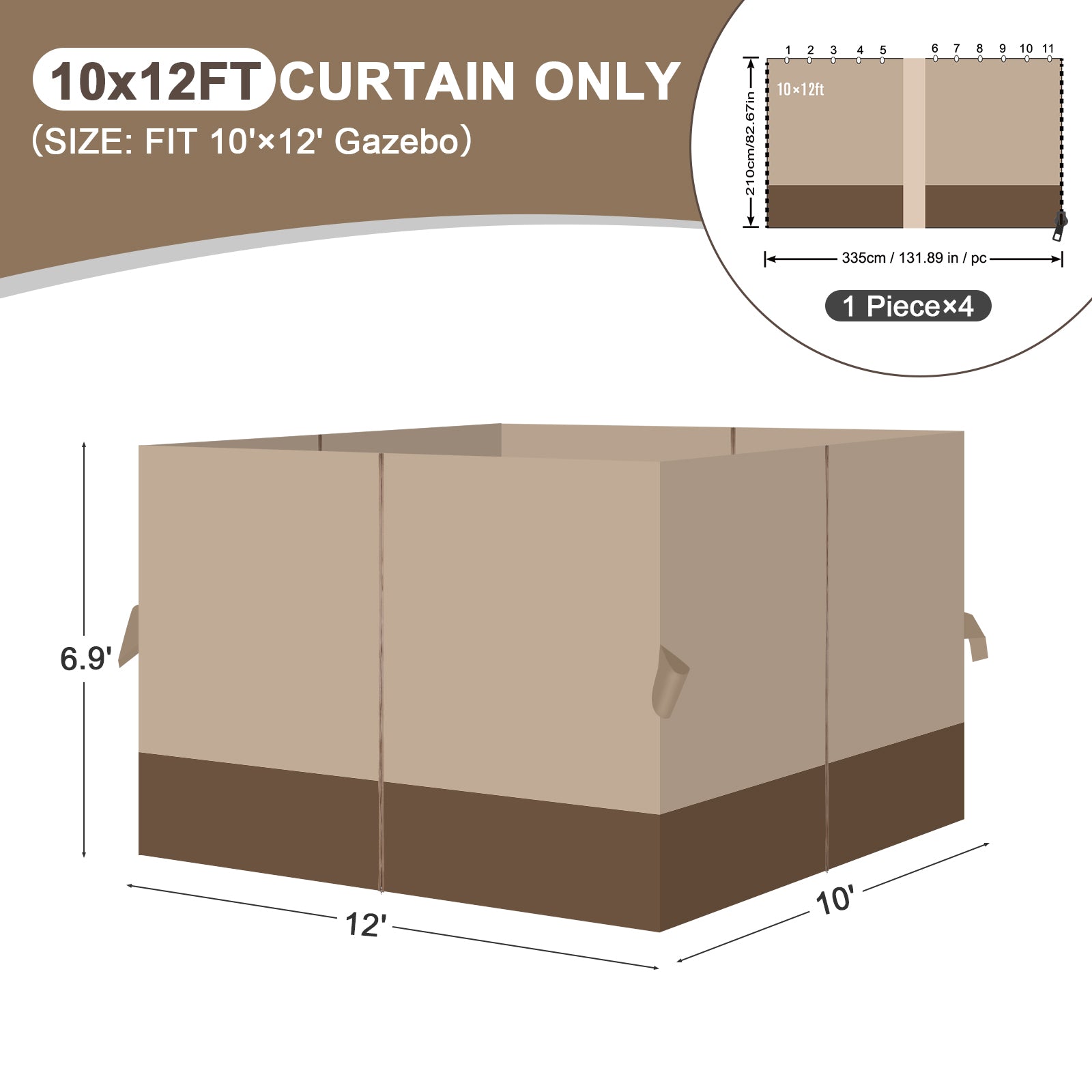 Outdoor Gazebo Curtains, 4 Panels Privacy Sidewall Replacement (Curtain Only) - Sand Yellow and Brown - Aoodor 