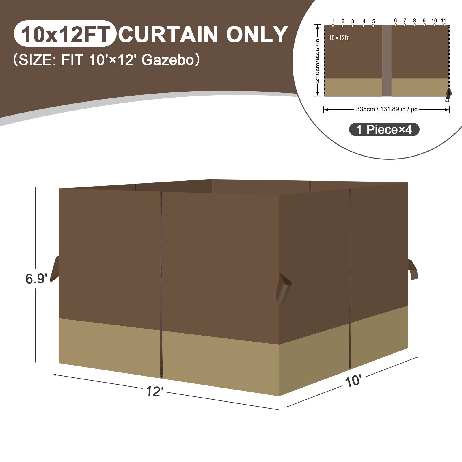 Outdoor Gazebo Curtains, 4 Panels Privacy Sidewall Replacement (Curtain Only) - Coffee and Khaki - Aoodor 