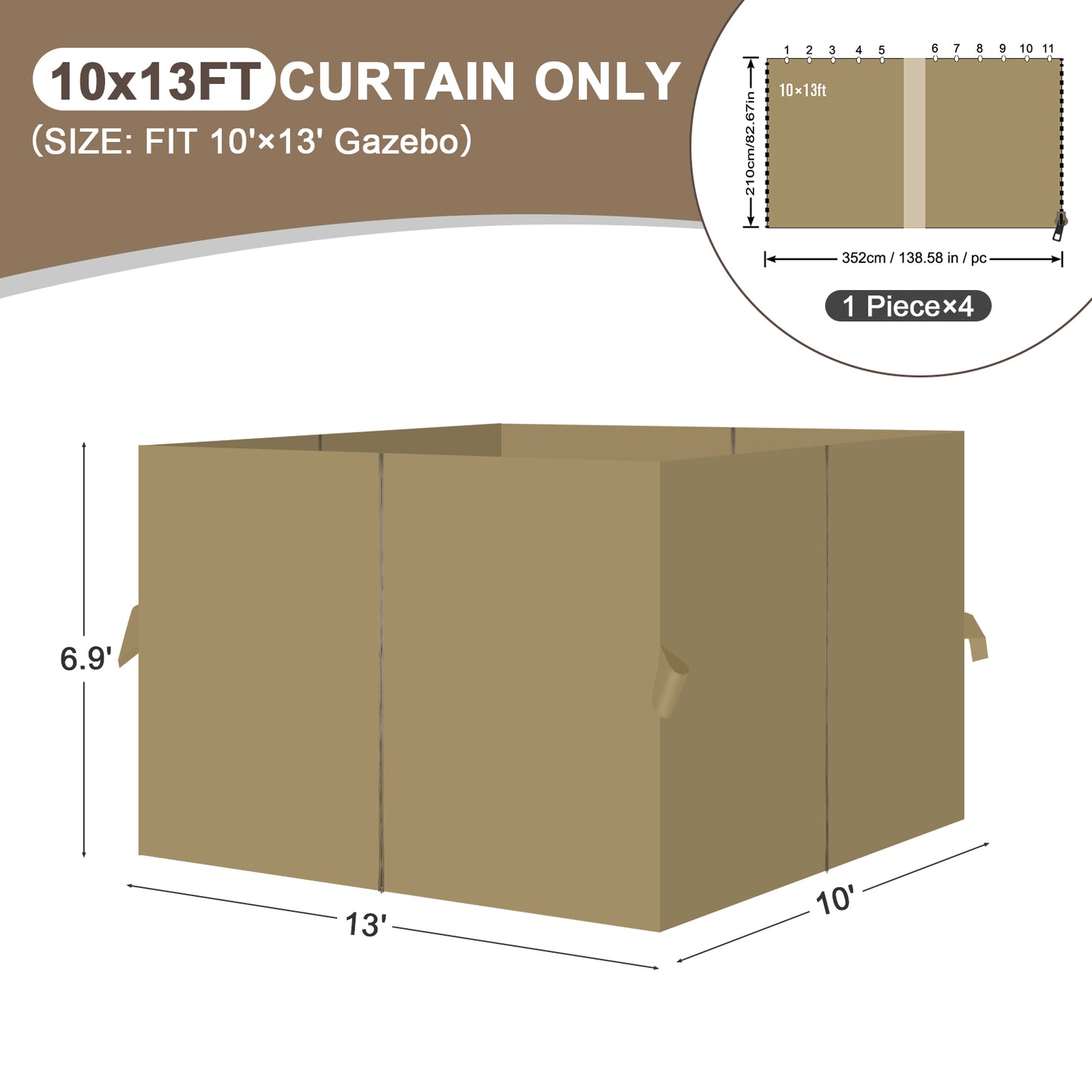 Outdoor Gazebo Curtains, 4 Panels Privacy Sidewall Replacement (Curtain Only) - Khaki - Aoodor 