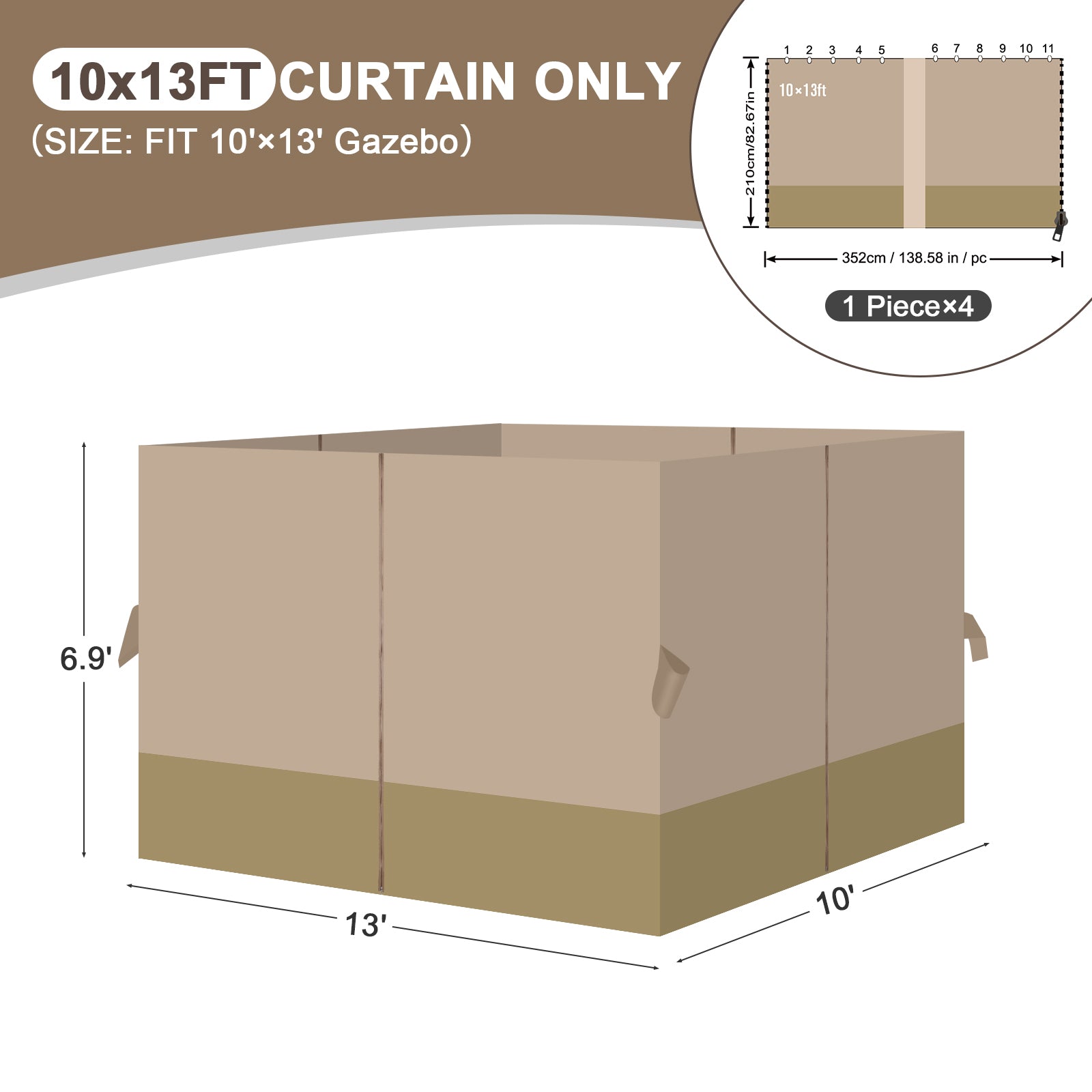 Outdoor Gazebo Curtains, 4 Panels Privacy Sidewall Replacement (Curtain Only) - Sand Yellow and Khaki - Aoodor 