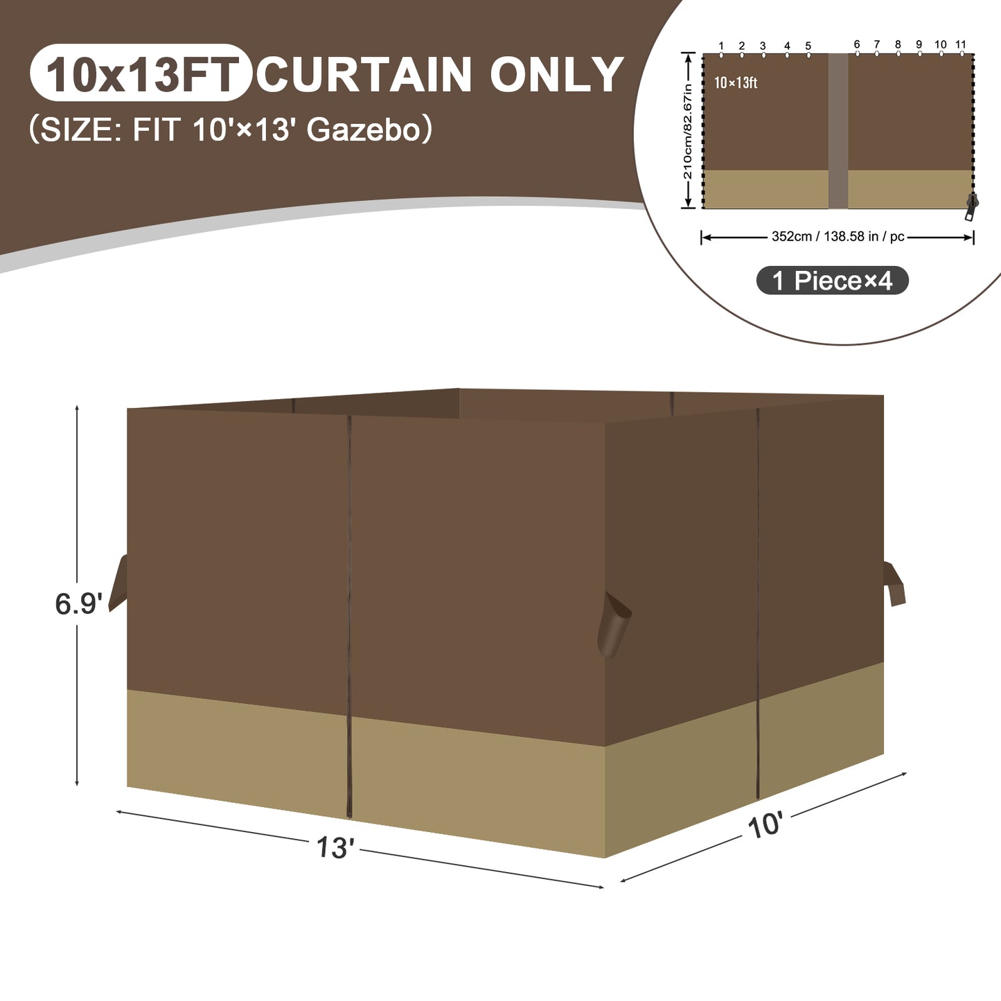 Outdoor Gazebo Curtains, 4 Panels Privacy Sidewall Replacement (Curtain Only) - Coffee and Khaki - Aoodor 