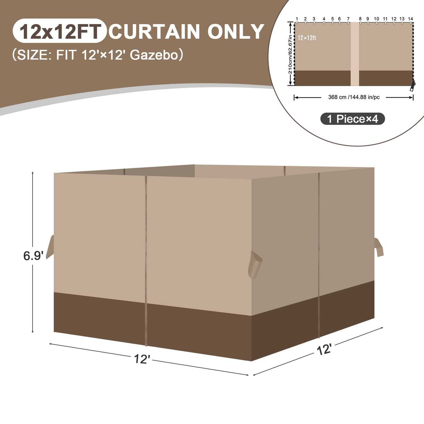 Outdoor Gazebo Curtains, 4 Panels Privacy Sidewall Replacement (Curtain Only) - Sand Yellow and Brown - Aoodor 
