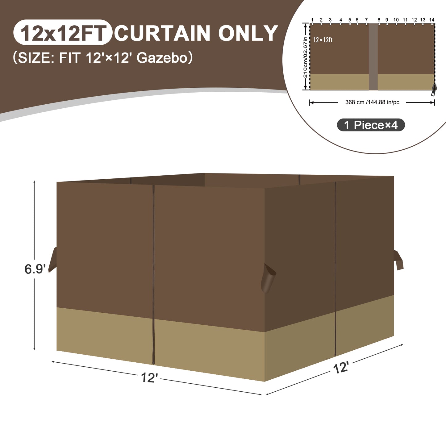 Outdoor Gazebo Curtains, 4 Panels Privacy Sidewall Replacement (Curtain Only) - Coffee and Khaki - Aoodor 