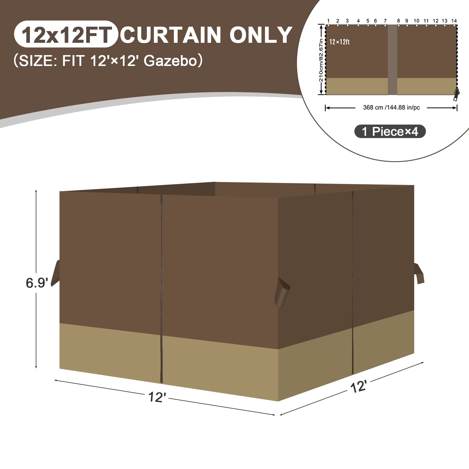 Outdoor Gazebo Curtains, 4 Panels Privacy Sidewall Replacement (Curtain Only) - Coffee and Khaki - Aoodor 