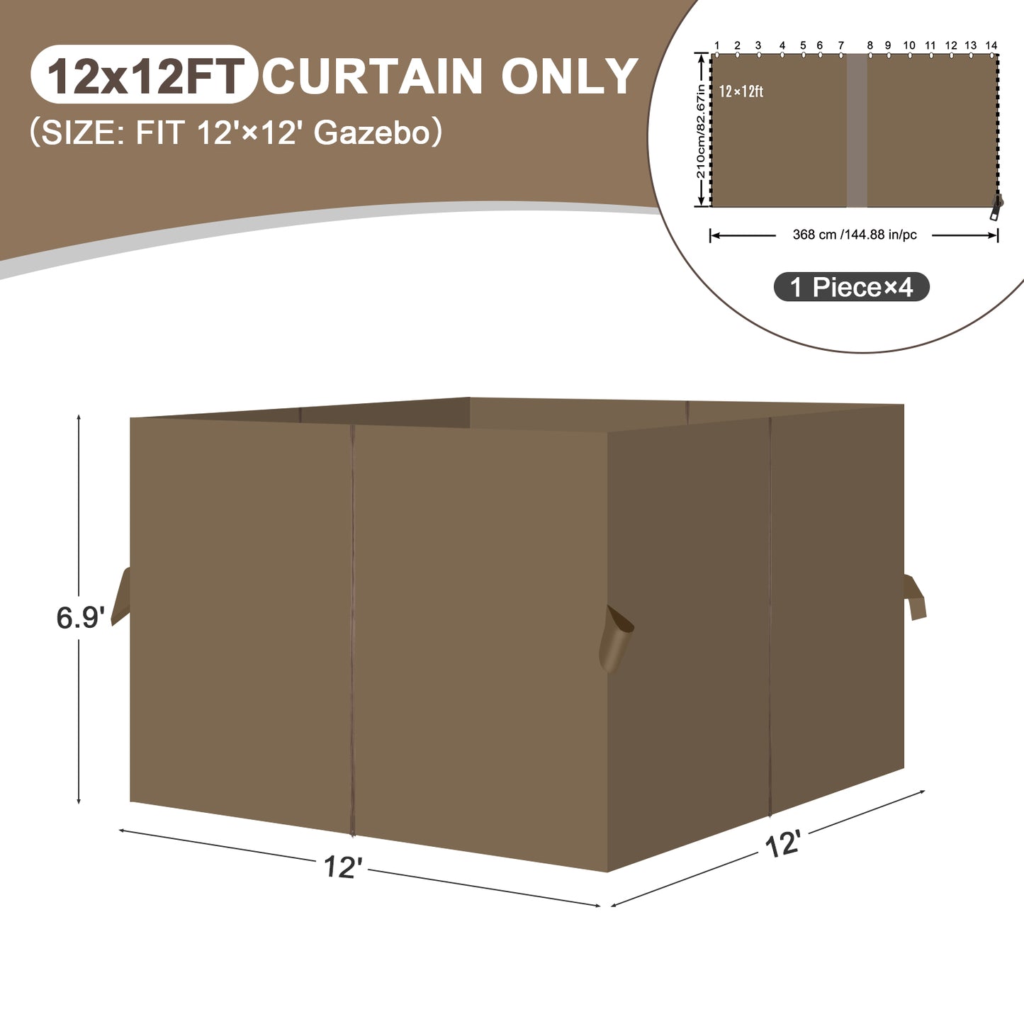 Outdoor Gazebo Curtains, 4 Panels Privacy Sidewall Replacement (Curtain Only) - Light Coffee - Aoodor 