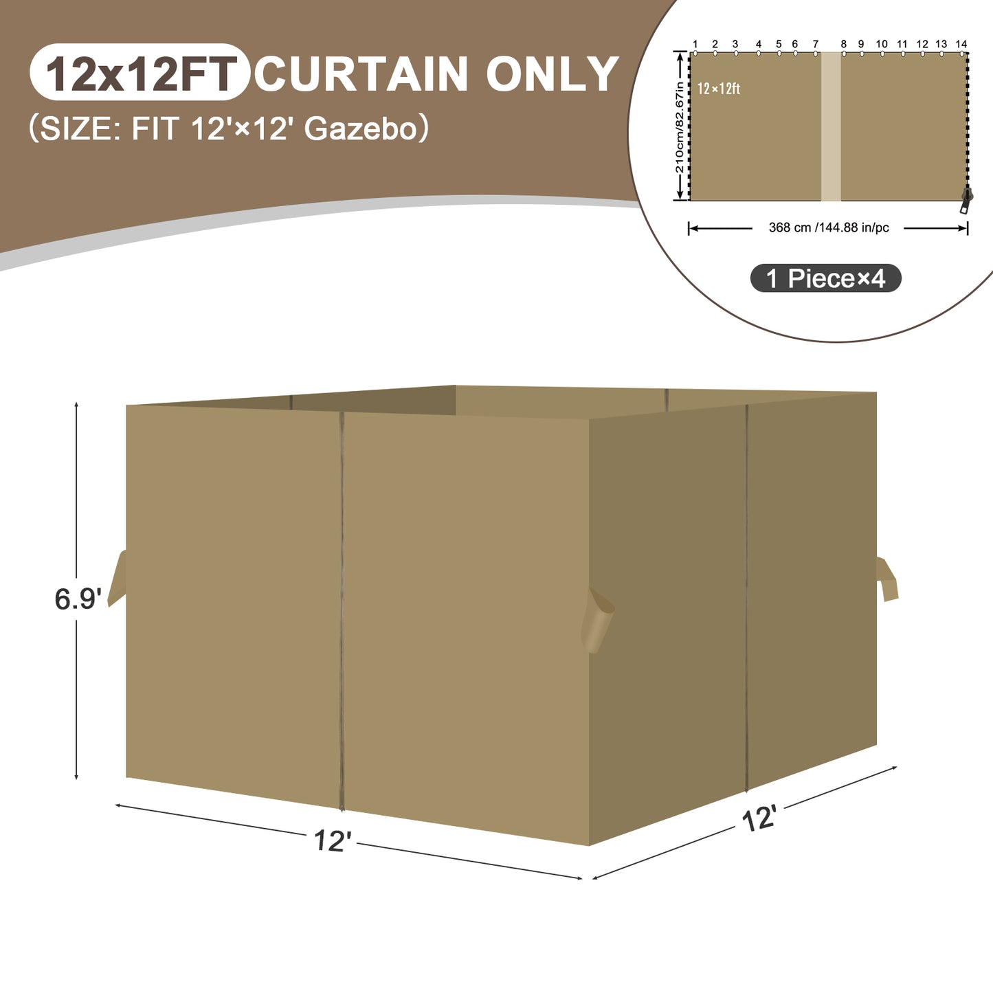 Outdoor Gazebo Curtains, 4 Panels Privacy Sidewall Replacement (Curtain Only) - Khaki - Aoodor 