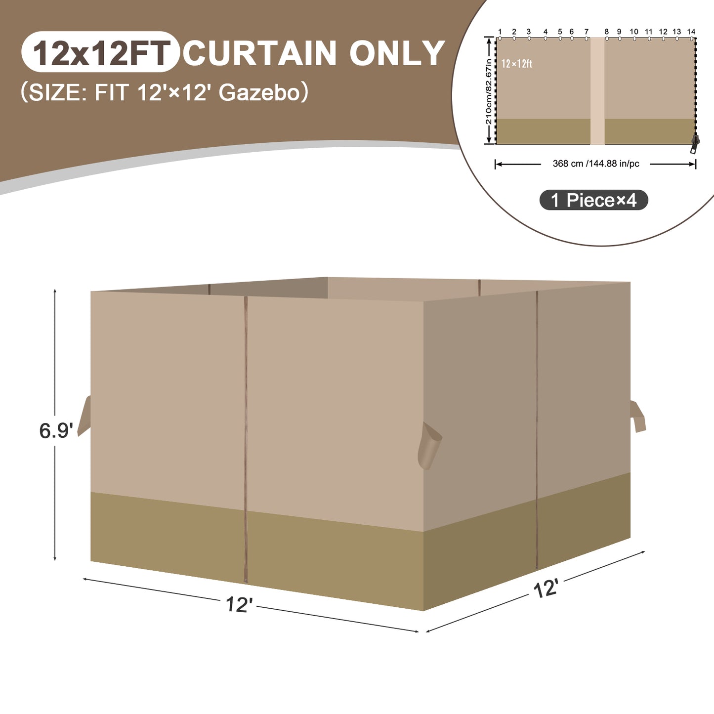 Outdoor Gazebo Curtains, 4 Panels Privacy Sidewall Replacement (Curtain Only) - Sand Yellow and Khaki - Aoodor 