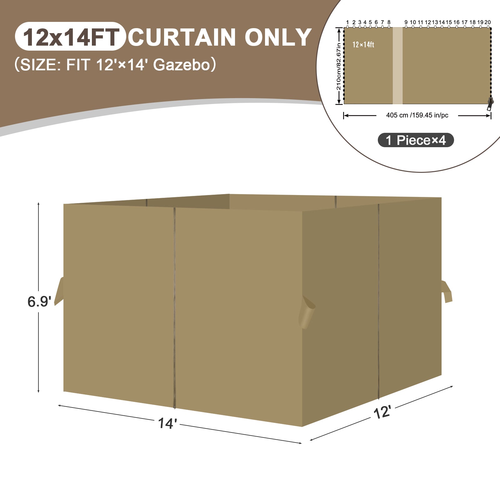 Outdoor Gazebo Curtains, 4 Panels Privacy Sidewall Replacement (Curtain Only) - Khaki - Aoodor 