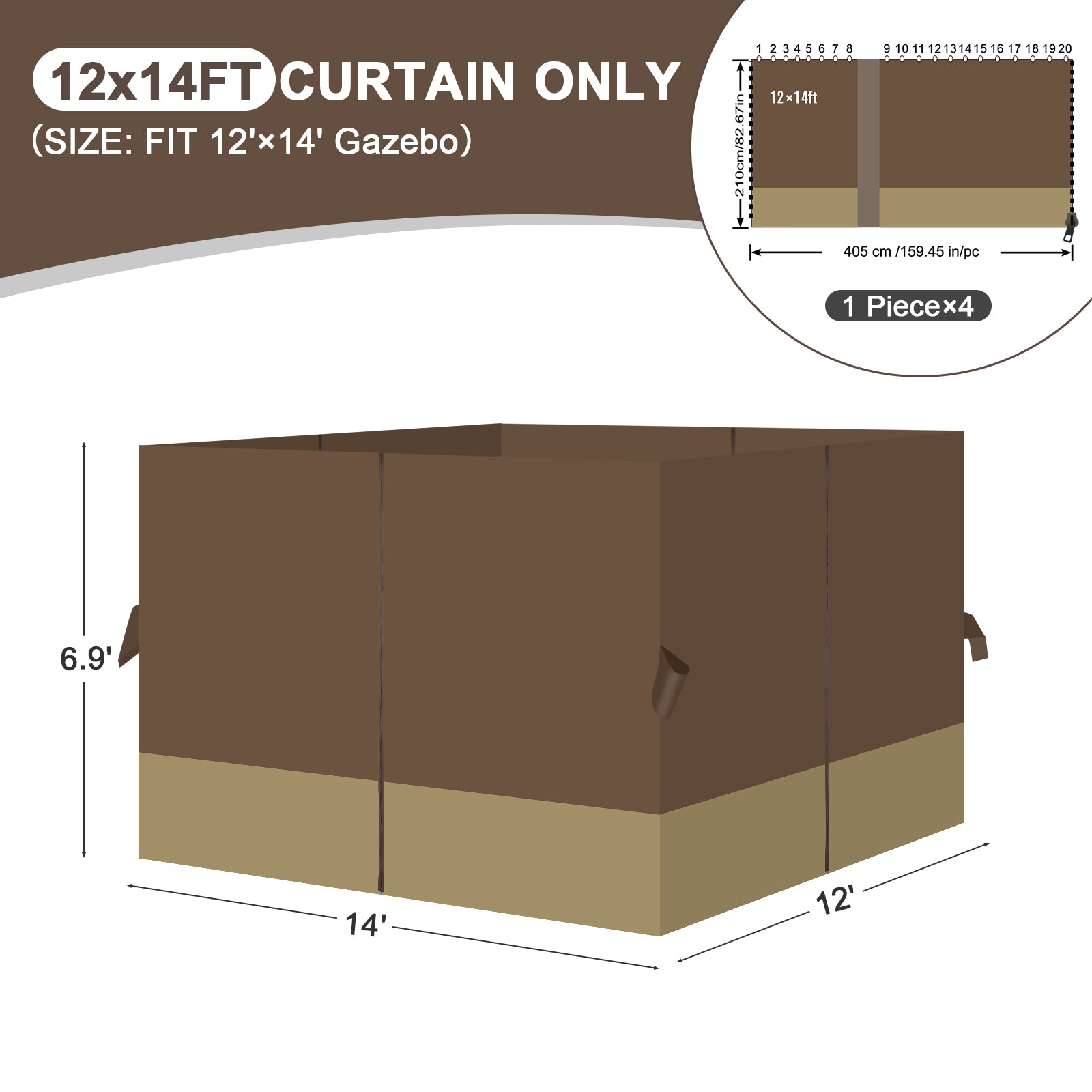 Outdoor Gazebo Curtains, 4 Panels Privacy Sidewall Replacement (Curtain Only) - Coffee and Khaki - Aoodor 