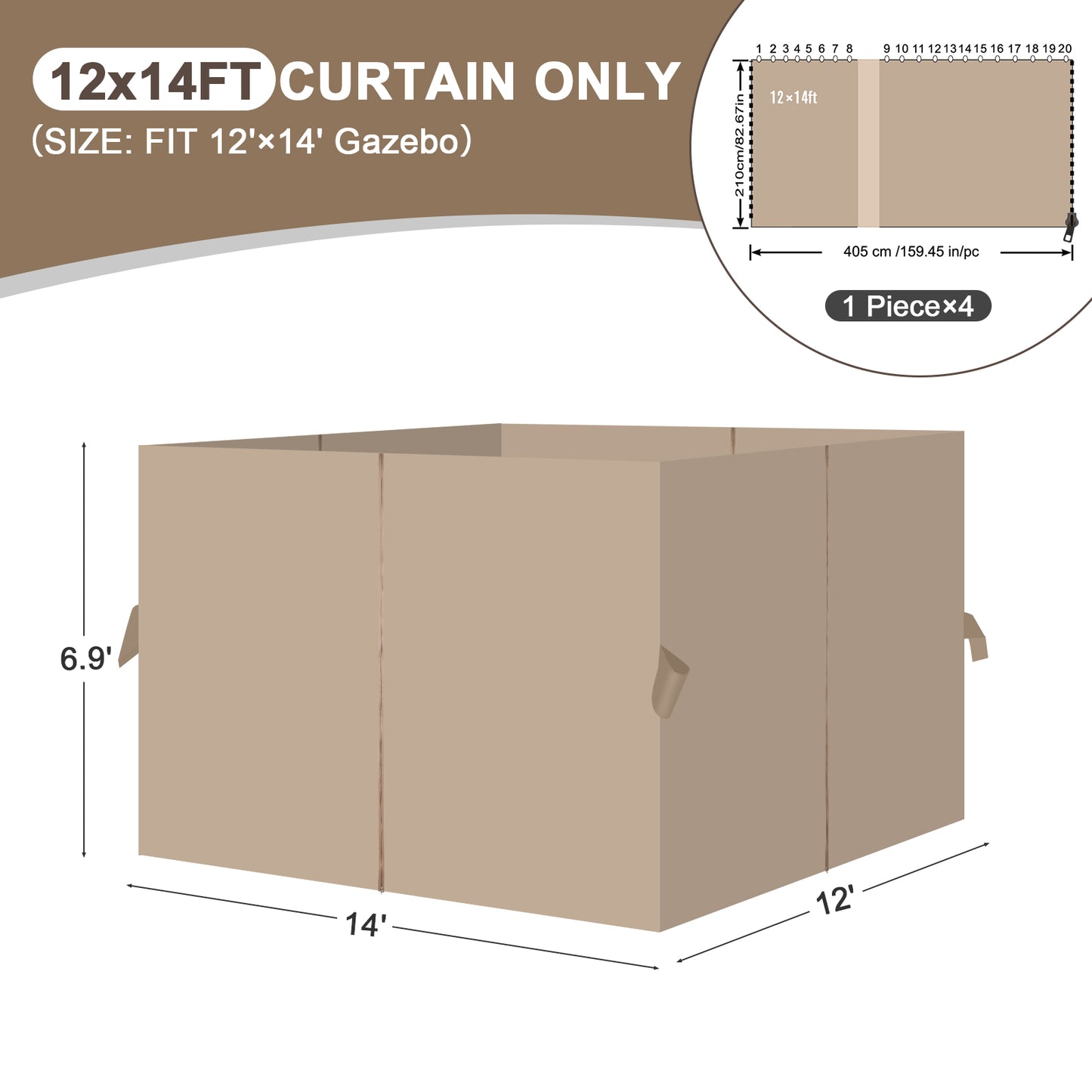 Outdoor Gazebo Curtains, 4 Panels Privacy Sidewall Replacement (Curtain Only) - Sand Yellow - Aoodor 