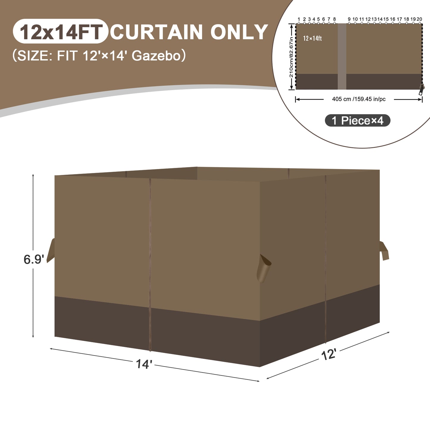 Outdoor Gazebo Curtains, 4 Panels Privacy Sidewall Replacement (Curtain Only) - Light Coffee and Coffee - Aoodor 