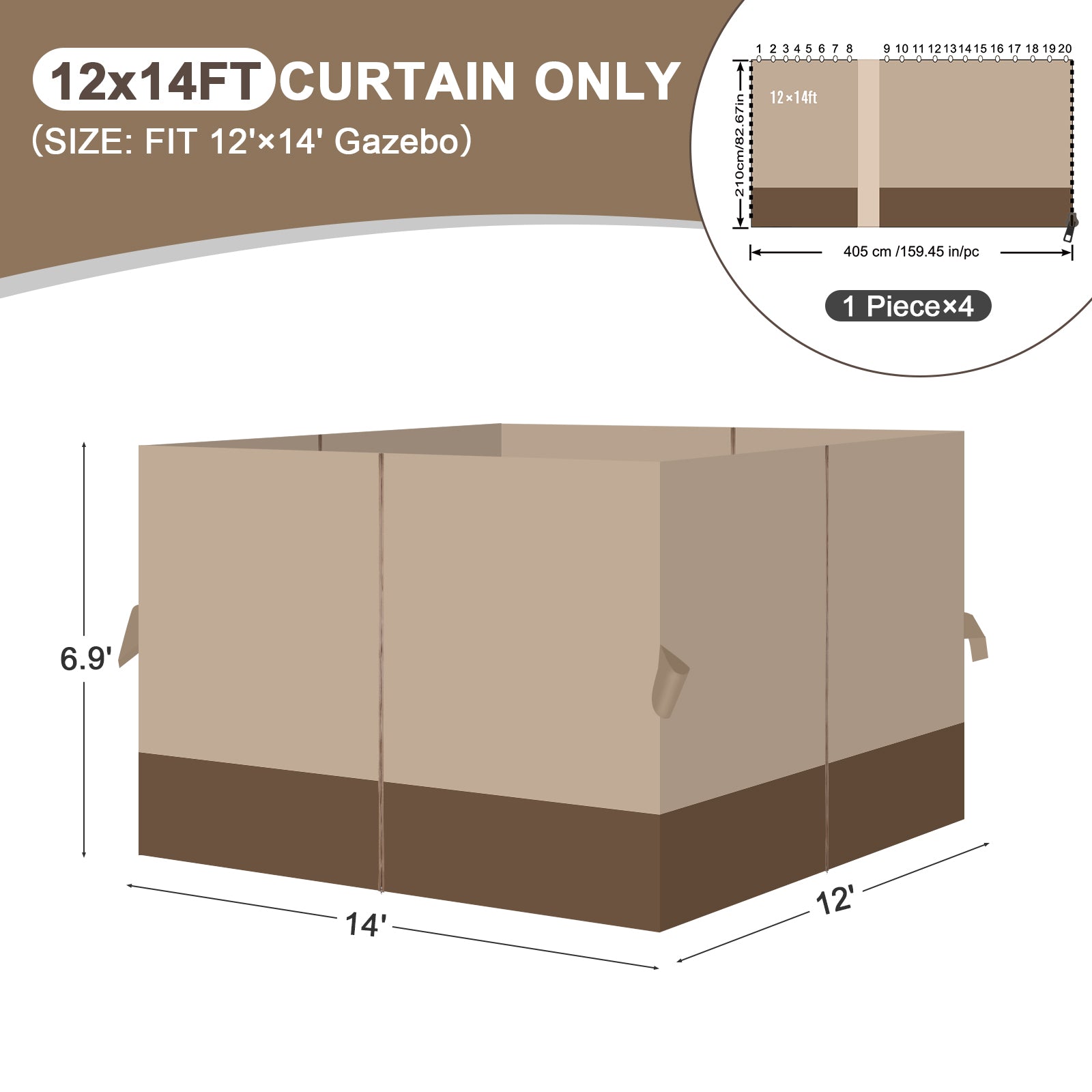 Outdoor Gazebo Curtains, 4 Panels Privacy Sidewall Replacement (Curtain Only) - Sand Yellow and Brown - Aoodor 