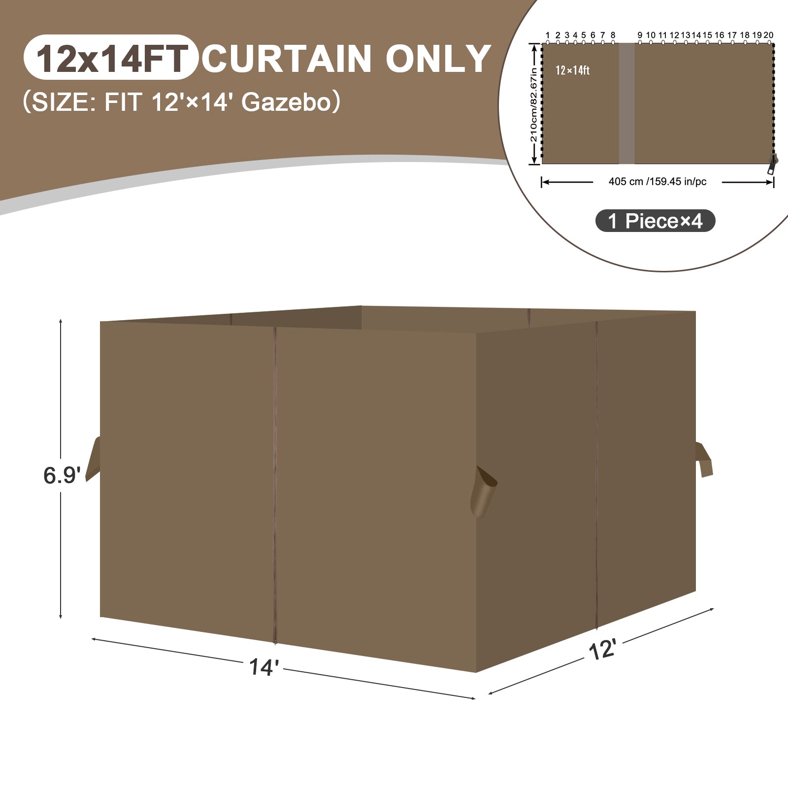 Outdoor Gazebo Curtains, 4 Panels Privacy Sidewall Replacement (Curtain Only) - Light Coffee - Aoodor 