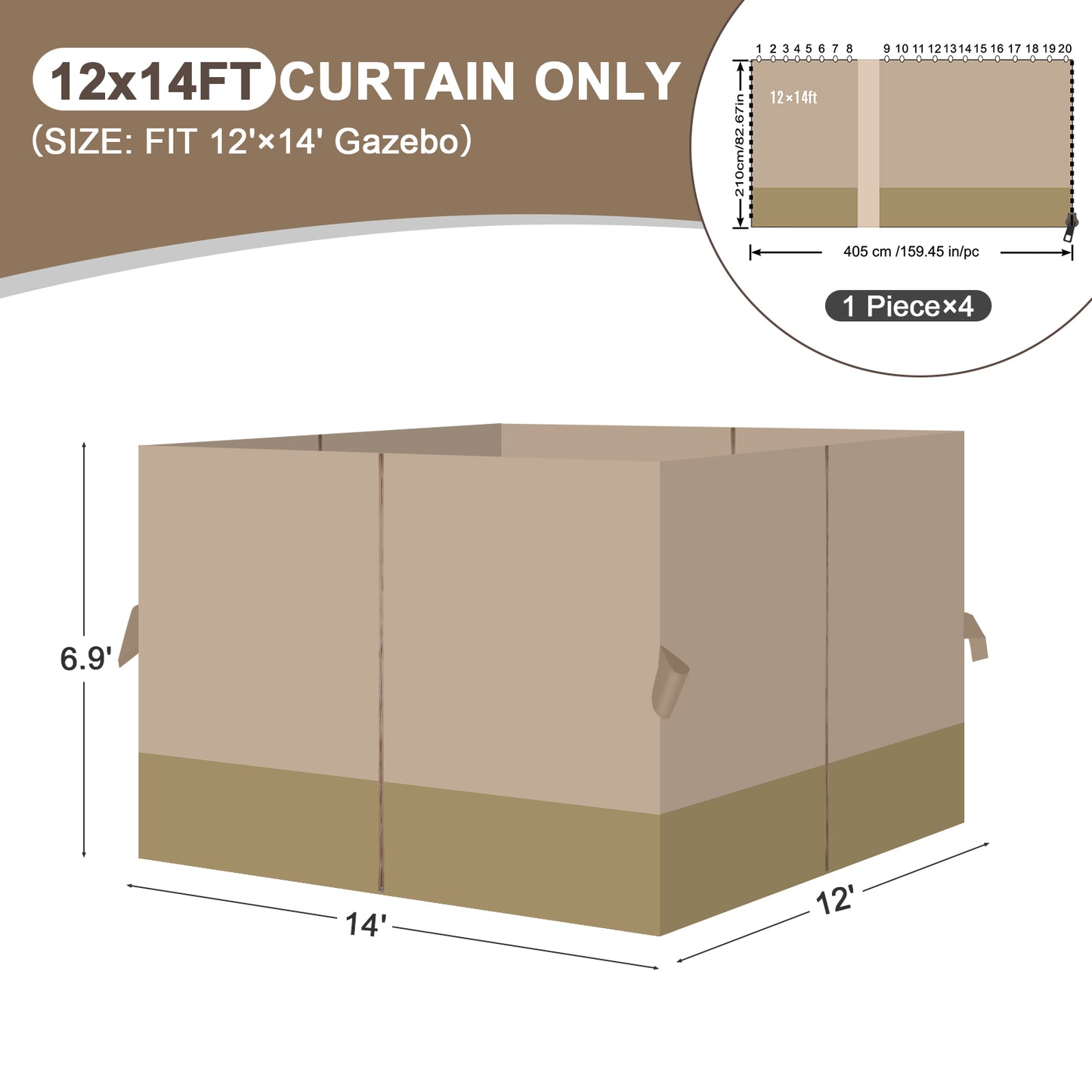 Outdoor Gazebo Curtains, 4 Panels Privacy Sidewall Replacement (Curtain Only) - Sand Yellow and Khaki - Aoodor 