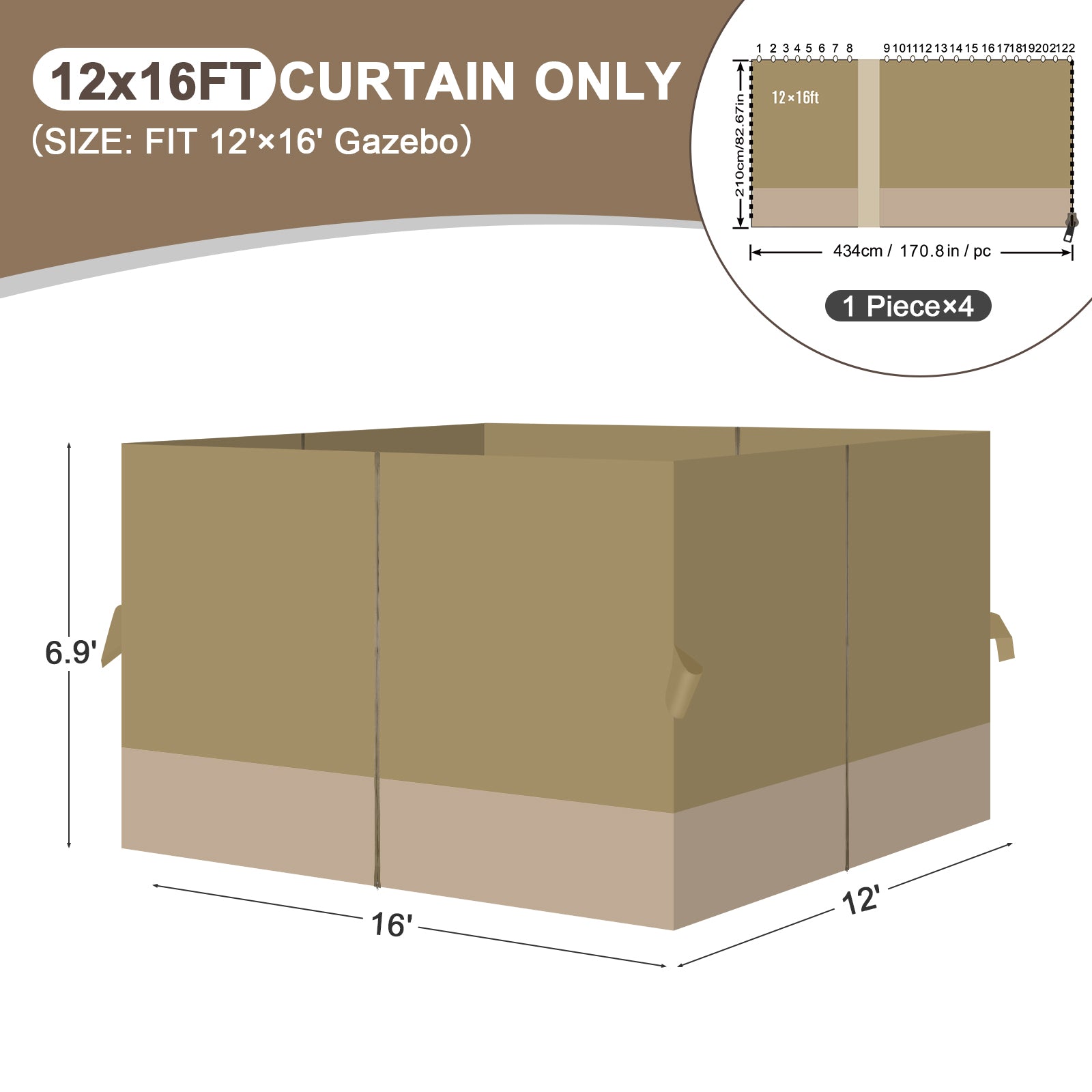 Outdoor Gazebo Curtains, 4 Panels Privacy Sidewall Replacement (Curtain Only) - Khaki and Sand Yellow - Aoodor 