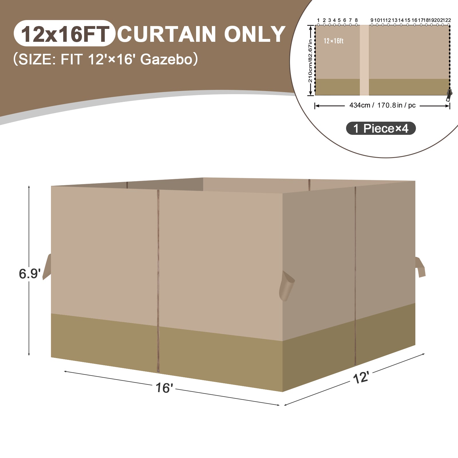 Outdoor Gazebo Curtains, 4 Panels Privacy Sidewall Replacement (Curtain Only) - Sand Yellow and Khaki - Aoodor 