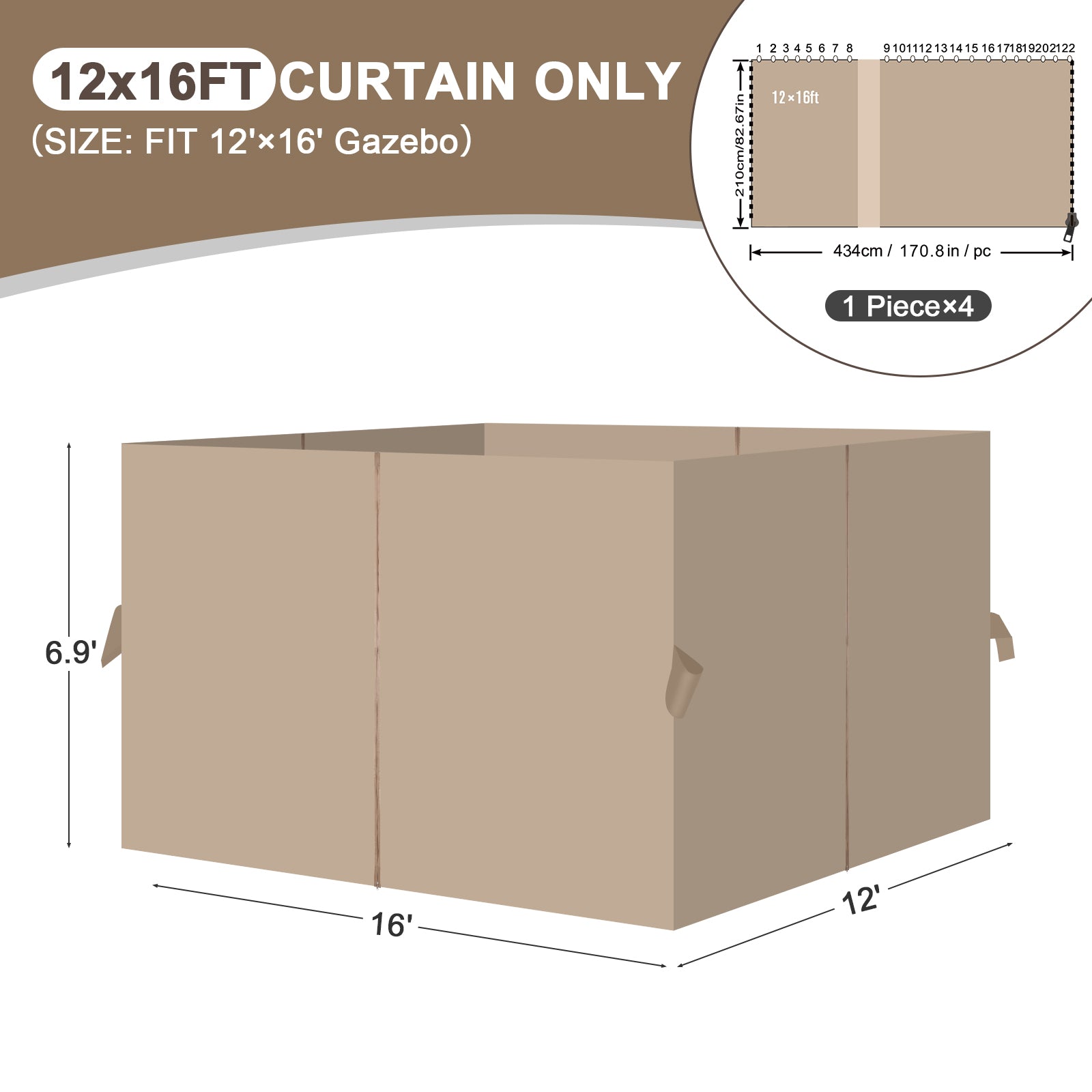 Outdoor Gazebo Curtains, 4 Panels Privacy Sidewall Replacement (Curtain Only) - Sand Yellow - Aoodor 