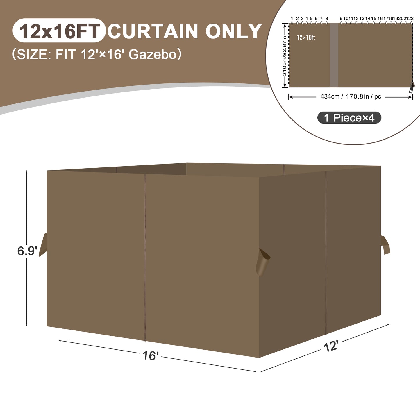 Outdoor Gazebo Curtains, 4 Panels Privacy Sidewall Replacement (Curtain Only) - Light Coffee - Aoodor 