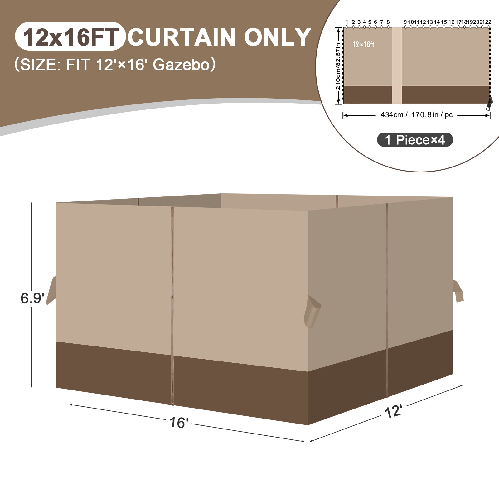 Outdoor Gazebo Curtains, 4 Panels Privacy Sidewall Replacement (Curtain Only) - Sand Yellow and Brown - Aoodor 