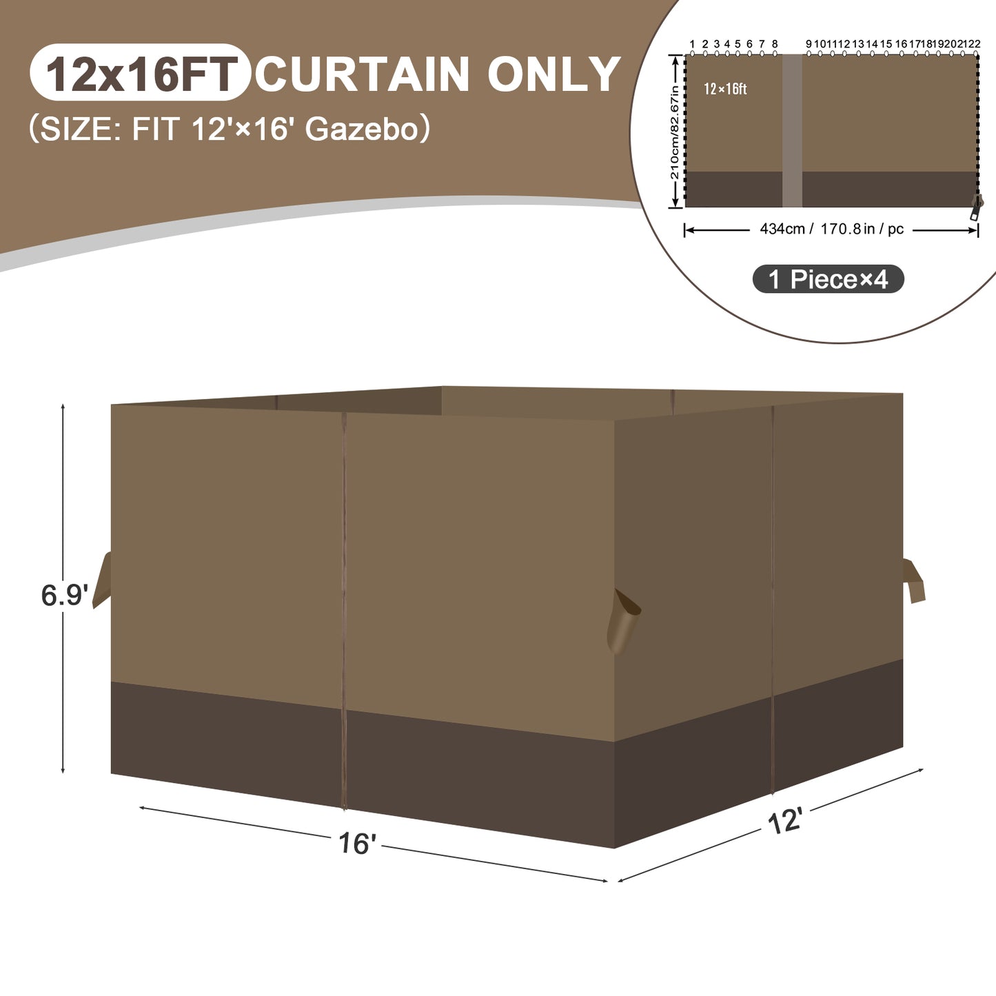 Outdoor Gazebo Curtains, 4 Panels Privacy Sidewall Replacement (Curtain Only) - Light Coffee and Coffee - Aoodor 