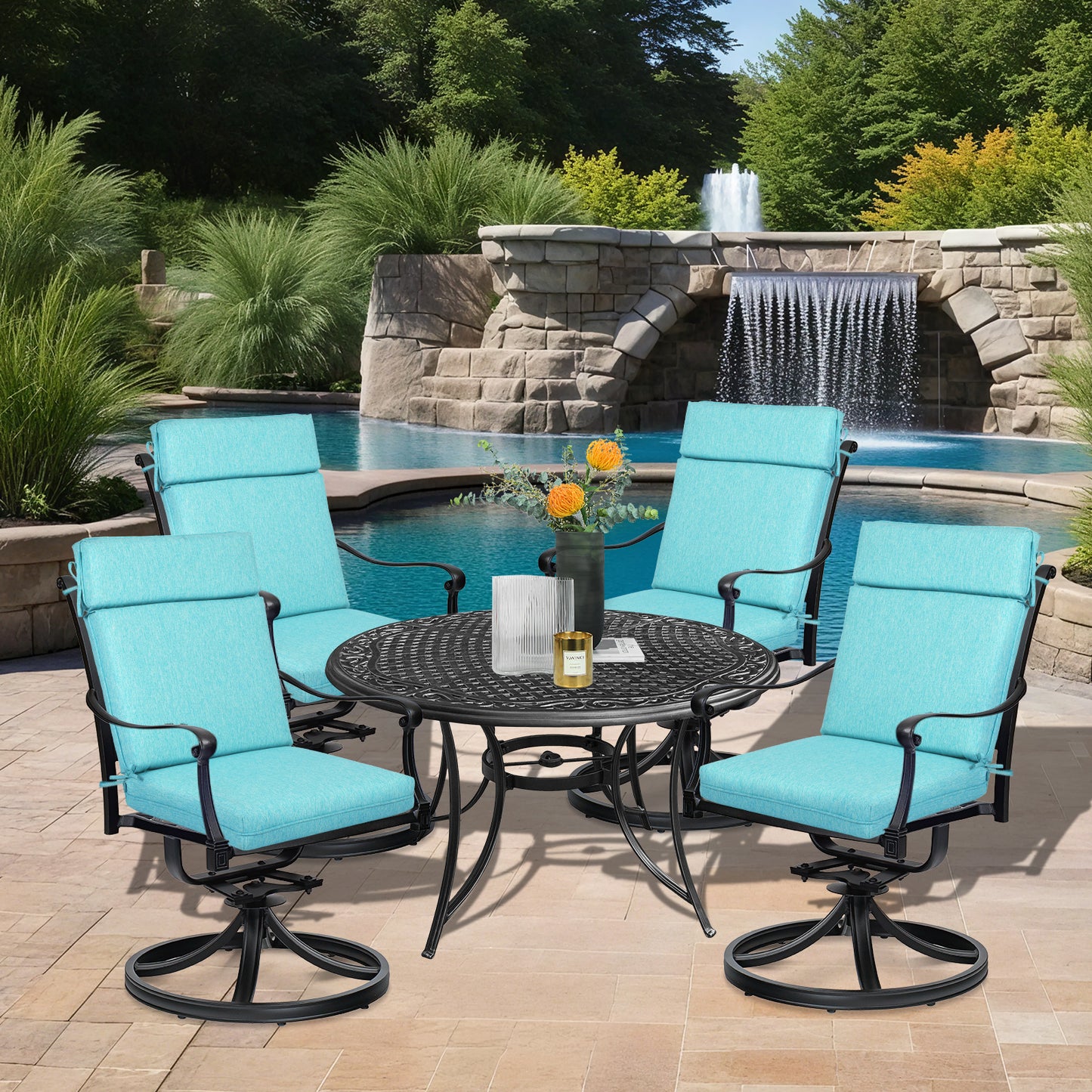 Outdoor High Back Dining Chair Cushion Set, Polyester Fabric, TPU Water Repellent Coating, Teal - Aoodor 