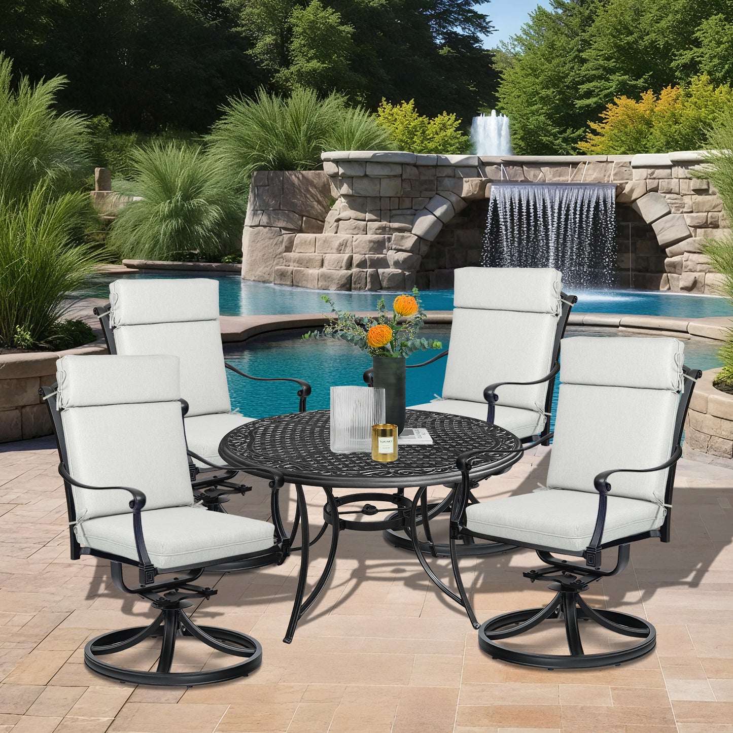Outdoor High Back Dining Chair Cushion Set, Polyester Fabric, TPU Water Repellent Coating, Light Gray