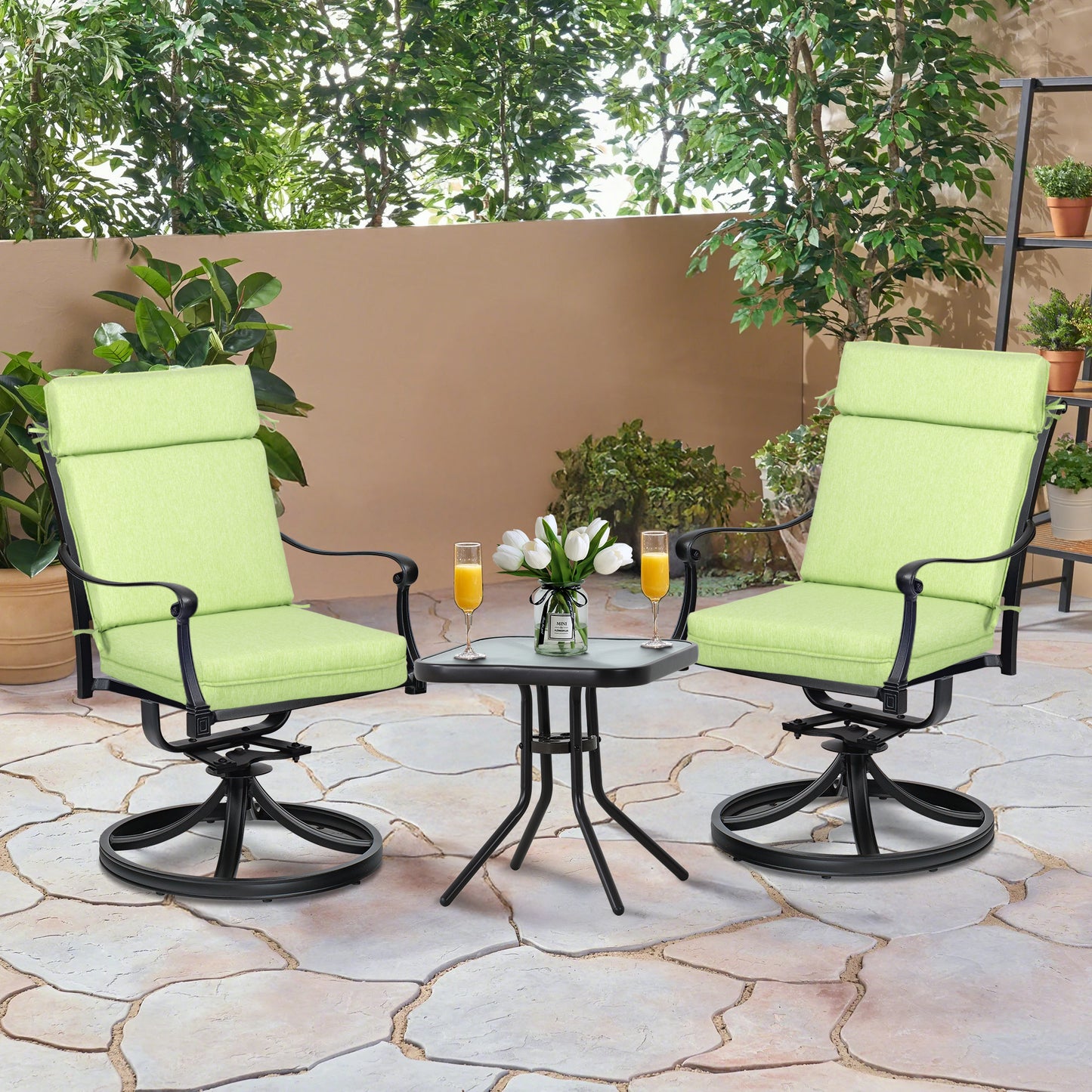 Outdoor High Back Dining Chair Cushion Set, Polyester Fabric, TPU Water Repellent Coating, Green