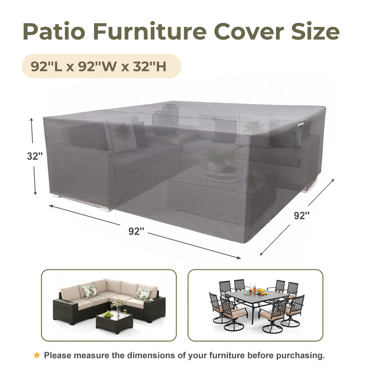 Outdoor Patio Furniture Set Cover, Gray, Square