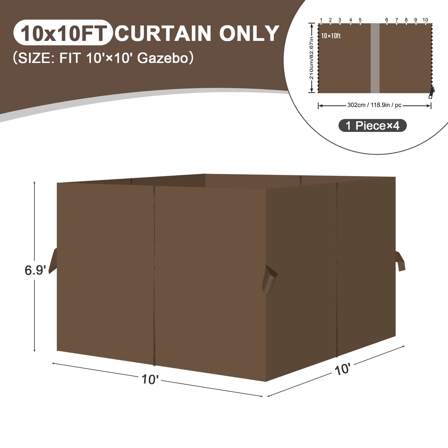 Outdoor Gazebo Curtains, 4 Panels Privacy Sidewall Replacement (Curtain Only) - Brown - Aoodor 