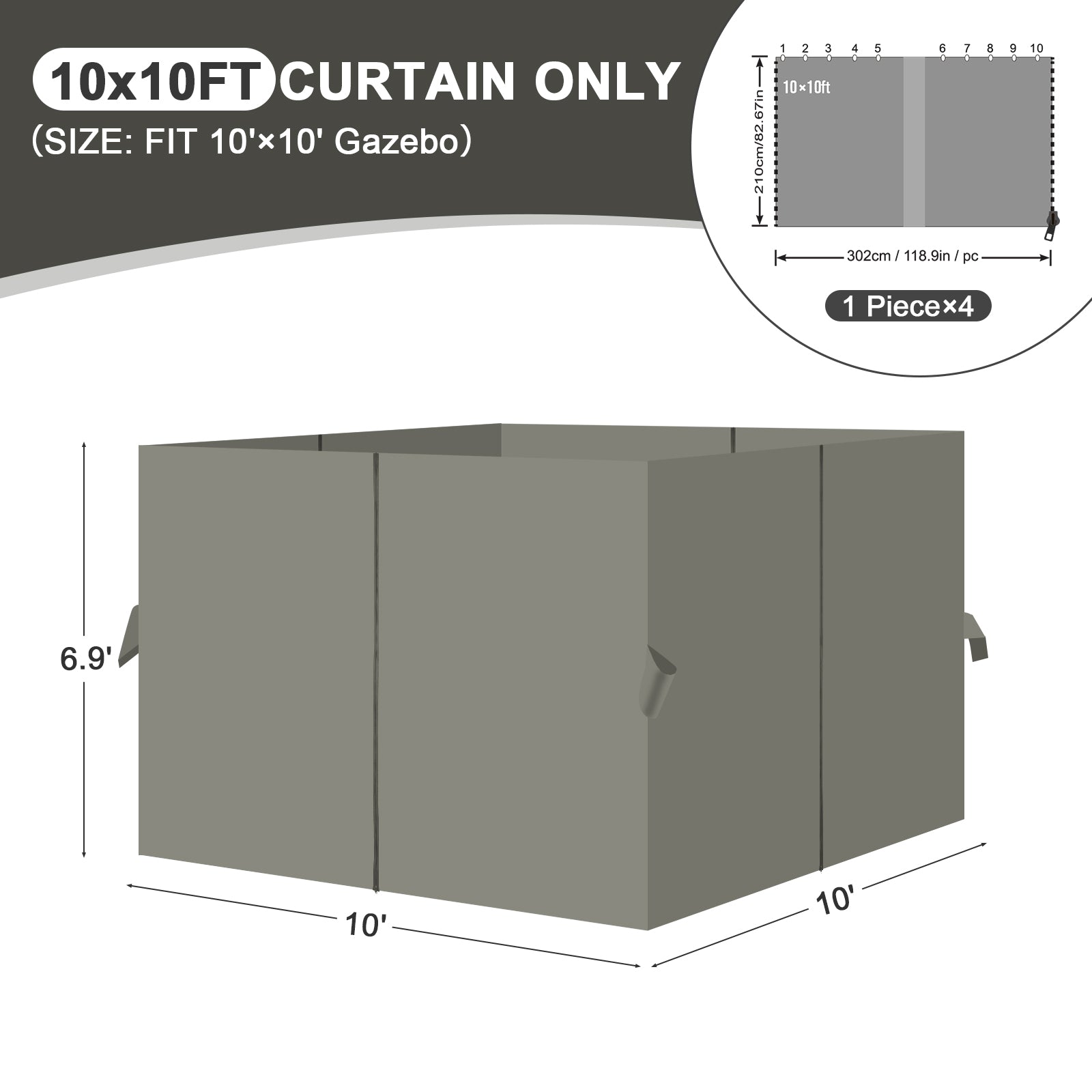 Outdoor Gazebo Curtains, 4 Panels Privacy Sidewall Replacement (Curtain Only) - Grey - Aoodor 