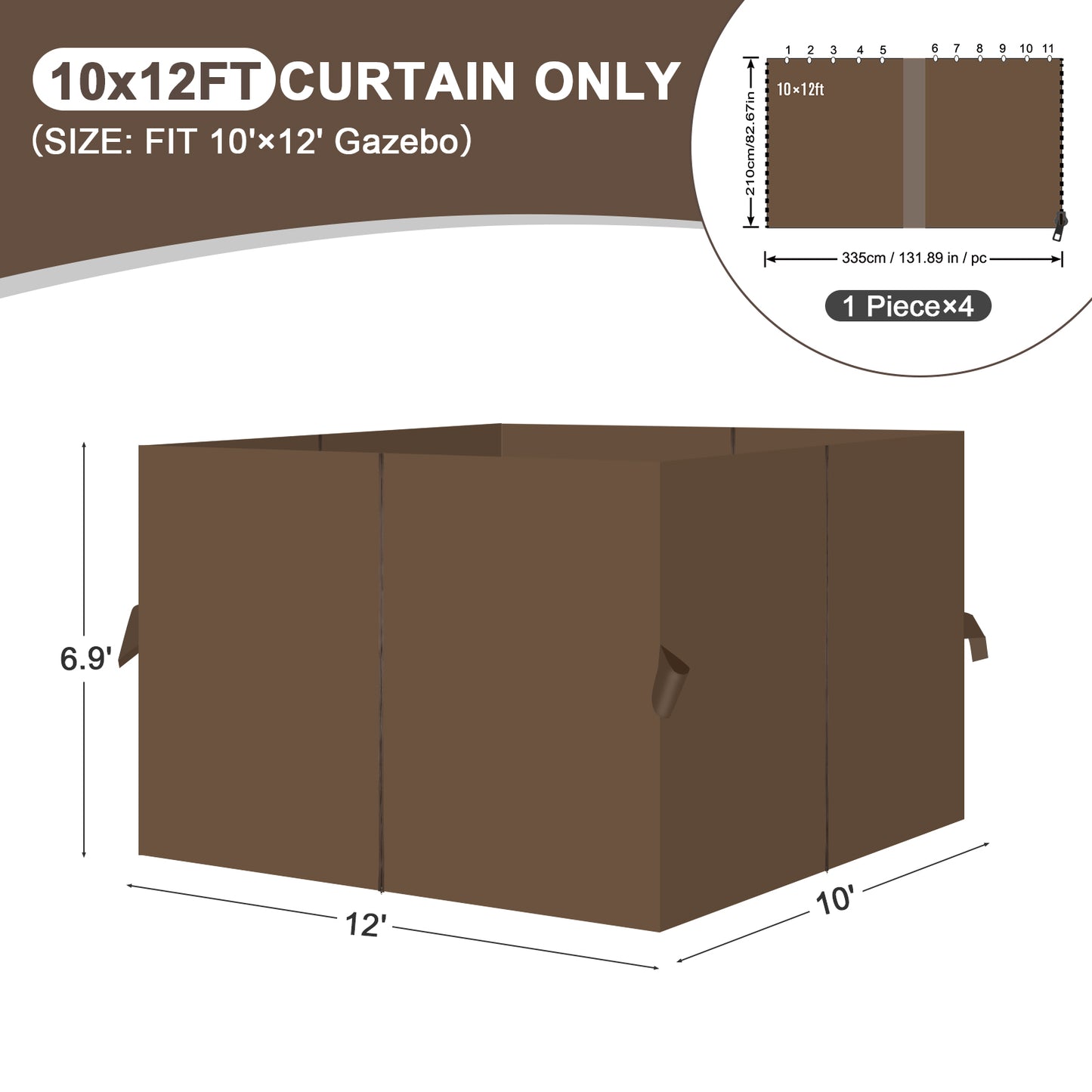 Outdoor Gazebo Curtains, 4 Panels Privacy Sidewall Replacement (Curtain Only) - Brown - Aoodor 