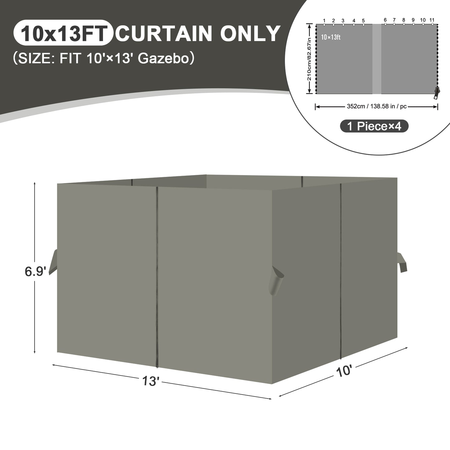 Outdoor Gazebo Curtains, 4 Panels Privacy Sidewall Replacement (Curtain Only) - Grey - Aoodor 