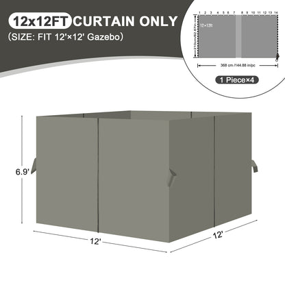 Outdoor Gazebo Curtains, 4 Panels Privacy Sidewall Replacement (Curtain Only) - Grey - Aoodor 