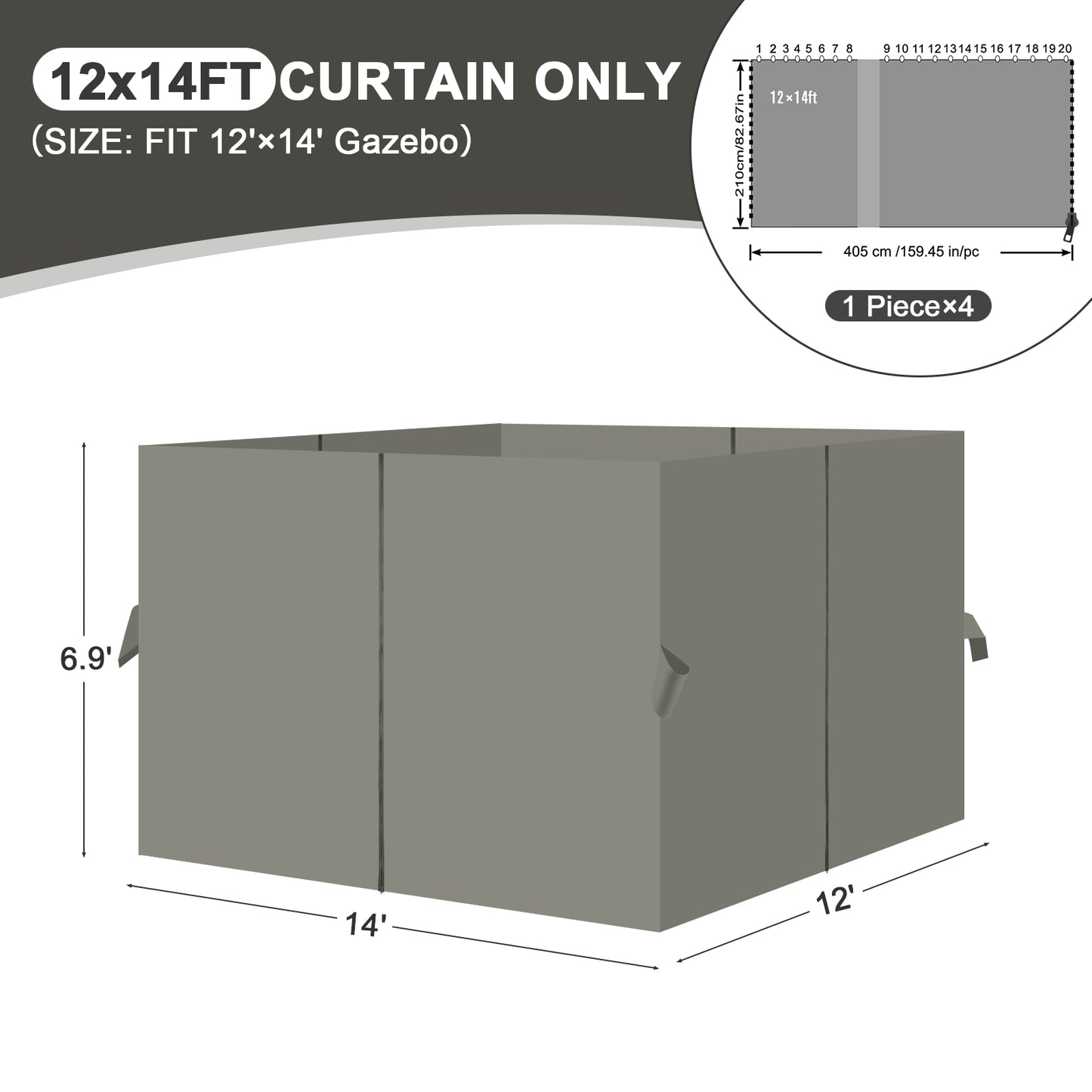 Outdoor Gazebo Curtains, 4 Panels Privacy Sidewall Replacement (Curtain Only) - Grey - Aoodor 